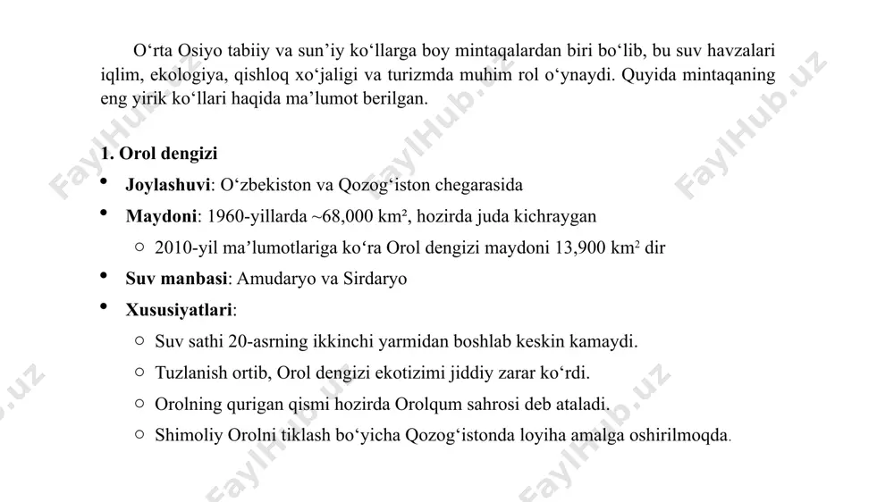 suv sathi kamayish xavfi bor. 4. sariqamish ko‘li joylashuvi: o‘zbekiston va turkmaniston chegarasida maydoni: ~5,000 km² suv manbasi: amudaryo suvlari oqib keladi xususiyatlari: sun’iy ravishda hosil bo‘lgan ko‘l. suv sifati past va sho‘rlanish darajasi yuqori. baliqchilik uchun muhim ahamiyatga ega. 5. aydarko‘l joylashuvi: o‘zbekiston (jizzax viloyati) maydoni: ~3,000 km² suv manbasi: sirdaryo va yomg‘ir suvlari xususiyatlari: baliqchilik va turizm rivojlangan. suv sathi mavsumiy o‘zgarib turadi. 6. dengizko‘l va tuzko‘l joylashuvi: qozog‘iston va turkmaniston xususiyatlari: sho‘r ko‘llar hisoblanadi. suv bug‘lanish natijasida kamaymoqda. o‘rta osiyoning yirik ko‘llari ekologik muammolar, suv resurslari yetishmovchiligi va antropogen ta’sirlarga duch kelmoqda. shu sababli, ularni saqlash va muhofaza qilish mintaqaning barqaror rivojlanishi uchun juda muhim. /docprops/thumbnail.jpeg