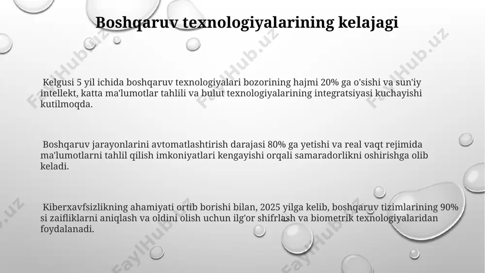 tezlashtirib, xatoliklarni minimallashtiradi. bulutli texnologiyalar asosidagi boshqaruv tizimlari ma'lumotlarni 99,9% ishonchlilik bilan saqlash va 24/7 kirishni ta'minlaydi, xarajatlarni esa sezilarli darajada kamaytiradi. zamonaviy boshqaruv tizimlari korxonalarning samaradorligini 30% gacha oshirishi mumkin, bu esa avtomatlashtirish va ma'lumotlar tahlili orqali erishiladi. zanjirlarni boshqarish (supply chain management) blockchain texnologiyasi ta'minot zanjiri shaffofligini oshiradi va mahsulotlarning kelib chiqishini kuzatish imkonini beradi, bu esa soxta mahsulotlarning 5-10% gacha kamayishiga olib keladi va iste'molchilarning ishonchini oshiradi. ta'minot zanjiri rejalashtirishda prognozlash va simulyatsiya texnologiyalari, masalan, mashinalarni o'rganish algoritmlari, aniq prognozlarni yaratish va xavflarni oldini olishga yordam beradi, bu esa yetkazib berish muddatlarining 90% dan ortig'ini bajarishga imkon beradi. zamonaviy ta'minot zanjiri boshqaruv tizimlari korxonalarning samaradorligini 15-25% ga oshirishi va xarajatlarni 10-15% ga kamaytirishi mumkin, bu esa raqobatbardoshlikni sezilarli darajada yaxshilaydi. mijozlar bilan munosabatlarni boshqarish (crm) kichik va o'rta biznes uchun mo'ljallangan crm yechimlari oyiga o'rtacha 50$ dan 200$ gacha turadi va kompaniya hajmi va funksiyalariga bog'liq holda …
