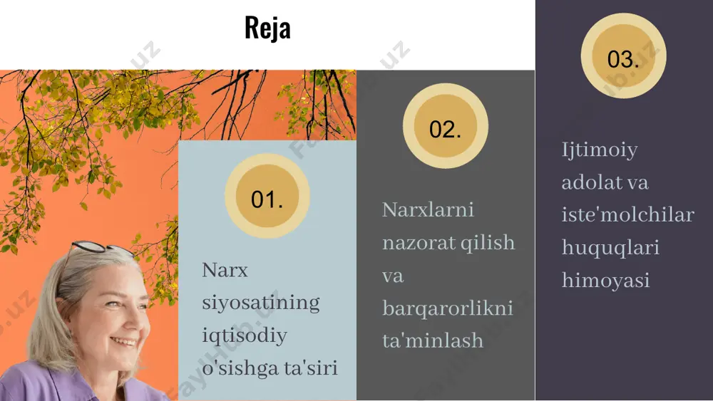 mustahkamlash imkonini beradi. 2. narxni nazorat qilish strategiyasi - narxlarni nazorat qilish orqali iste'molchilarga barqaror narxlarni taqdim etadi, bu esa ishonchni oshiradi. 3. narxni o'zgartirish strategiyasi - vaqt o'tishi bilan narxlarni o'zgartirish orqali iqtisodiy sharoitlarga moslashish imkonini beradi. har bir strategiya o'zining afzalliklari va kamchiliklariga ega. swot tahlili orqali har bir strategiyaning afzalliklari va kamchiliklarini ko'rib chiqamiz: 1. narxni belgilash: kuchli tomonlar - raqobatbardosh narxlar va yuqori daromad. kamchiliklar - raqobatchilar tomonidan bosim. 2. narxni nazorat qilish: kuchli tomonlar - barqarorlik va ishonch. kamchiliklar - bozor talabining o'zgarishi. 3. narxni o'zgartirish: kuchli tomonlar - moslashuvchanlik. kamchiliklar - iste'molchilarning noroziligi. misollar orqali har bir strategiyaning amaliy qo'llanilishi ko'rsatiladi, masalan, kompaniya x innovatsiyalarni joriy etish orqali narxlarni belgilashda muvaffaqiyat qozondi. narx siyosatining asosiy strategiyalari strategiyaning afzalliklari va kamchiliklari title: narxlarni nazorat qilish usullari narxlarni nazorat qilishning asosiy usullari: 1. narx nazorati: davlat tomonidan belgilangan narx chegaralari orqali bozor narxlarini nazorat qilish. bu …