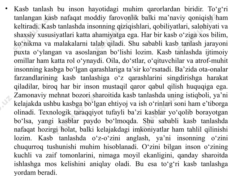 yaqin va jamiyatga foydali bo‘lgan kasbni tanlasa, u nafaqat mehnatdan rohatlanadi, balki doimo rivojlanishga intiladi, ijodkorlik bilan ishlaydi, kasbiy mahoratini oshirib boradi. aksincha, noto‘g‘ri tanlangan kasb esa ruhiy bosim, charchoq va hayotdan norozilik keltirib chiqarishi mumkin. zamonaviy dunyoda kasblar soni kundan-kunga ortib bormoqda. yangi texnologiyalar, ijtimoiy ehtiyojlar va ilm-fan yutuqlari natijasida yangi sohalar, yangi mutaxassisliklar paydo bo‘lmoqda. bu esa o‘z navbatida yosh avloddan ongli, chuqur o‘ylangan va mas’uliyatli kasb tanlashni talab qiladi. shuningdek, tanlangan kasb vaqt o‘tishi bilan o‘zgarishga, zamon bilan hamqadam bo‘lishga muhtoj bo‘ladi. shuning uchun inson faqat bir kasb egasi bo‘lish bilan cheklanmasdan, doimiy o‘z ustida ishlashi, yangi bilimlarni egallab borishi zarur. kasb nafaqat iqtisodiy manfaat, balki insonning ichki dunyosi, axloqiy qadriyatlari va orzu-umidlariga ham bevosita bog‘liq. shuning uchun har bir inson o‘zini anglaganidan so‘ng, o‘zining tabiiy moyilligi va qobiliyatlarini hisobga olgan holda, hayotiy maqsadlariga mos kasbni tanlashi kerak. zero, to‘g‘ri tanlangan kasb – baxtli hayotning garovidir. kasb …