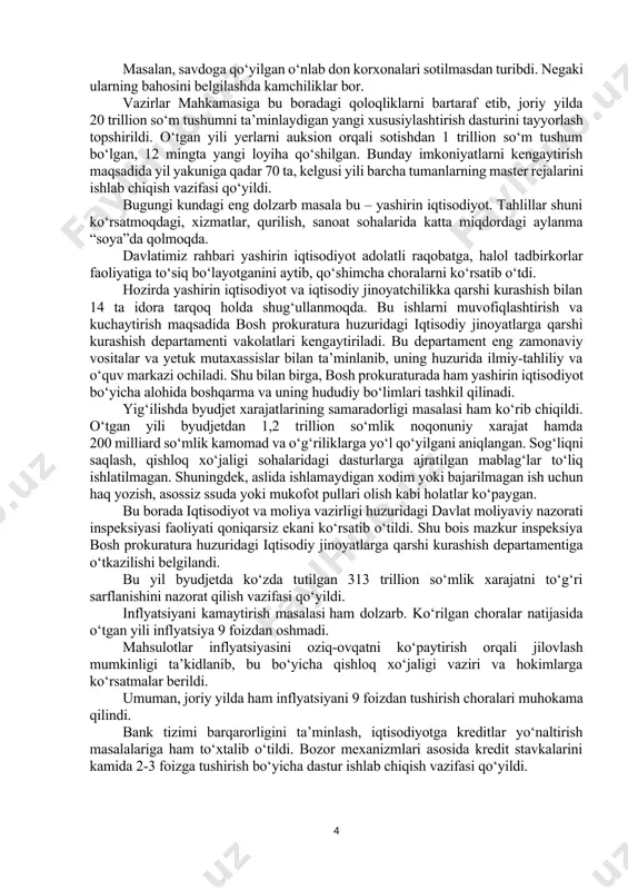 an iqtisodiy kompleks xodimlari juda qattiq ishlashi kerakligini ta’kidladi. masalan, umumiy sanoat hajmi o‘sgani bilan, ishlab chiqarishda qo‘shilgan qiymat 40 foizdan oshmayapti. bular asosan importga qaramlik, energiya iste’moli yuqoriligi va ortiqcha xarajatlar ko‘pligi sababli bo‘lmoqda. shu bois iqtisodiy kompleks rahbarlari va barcha davlat korxonalari uchun “2024 yil – tannarxni qisqartirish va samaradorlik yili” bo‘lishi lozimligi ta’kidlandi. xaridlar va logistikani maqbullashtirish, energiya resurslarini tejash va raqamlashtirish orqali qancha xarajatni kamaytirish mumkinligi tarmoqlar kesimida ko‘rsatib o‘tildi. joriy yilda yirik tarmoqlarda qo‘shilgan qiymatni 45 foizdan oshirish, tannarxni 15 foizga kamaytirish, jami sanoatda 7 foiz o‘sishni ta’minlash bo‘yicha vazifalar belgilandi. shu bilan birga, iqtisodiy kompleksdagi rahbarlar faoliyatini oylik, choraklik va yillik samaradorlik ko‘rsatkichlari (kpi) bilan bog‘lash, o‘rinbosarlar sonini ko‘rib chiqish taklifi ilgari surildi. yig‘ilishda moliyaviy intizom masalasiga alohida to‘xtalib o‘tildi. o‘tgan yili ayrim davlat korxonalari tomonidan dividend va soliq to‘lovlari bo‘yicha byudjetga 8 trillion so‘m tushum ta’minlanmagan. sirdaryo va jizzax viloyatlarida soliq tushumlari 20 …