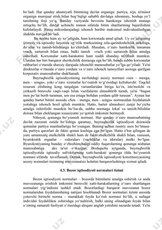 i. sabr chegarasi deganda nizolar va keskinliklar jamlanishining undan keyin iqtisodiy agentlar shikoyat qila boshlaydigan va norozilik namoyish etadigan darajasi tushuniladi. shunday qilib, buyruqbozlik iqtisodiyotining birinchi normasi oddiy va cheklangan foyda ko‘rishdan iborat. buyruqbozlik iqtisodiyoti normalari tizimining ikkinchi unsuri to‘liqsiz rasional faoliyat bilan izohlanadi. bunda, birinchi navbatda axborotning cheklanganligi va to‘liqsizligi bilan shartlangan to‘liqsiz rasionallik tushuniladi. iqtisodiy agentlar erkin shakllanmagan narx va taqchil resurslar sharoitida narxlardagi mavjud axborotni narxga taalluqli bo‘lmagan – zaxiralar hajmi, navbatlarning uzunligi va hokazolar haqidagi ma'lumotlar bilan to‘ldiradilar. sof ko‘rsatkichlarda axborot olish esa, hamma vaqt uni yig‘ish bilan bog‘liq yuqori darajadagi xarajatlarni keltirib chiqaradi. natijada tizimda «nizo», ya'ni sotuvchi va xaridorlar fikrlarini muvofiqlashtirishda kechikishlar paydo bo‘ladi. nizo prognozlardagi xatolar, manfaatdor shaxsda boshqa sub'ektlarning holati va maqsadlari to‘g‘risida axborotning mavjud emasligi, manfaatdor shaxsning qaror qabul qilishdagi beqarorligi, o‘zgaruvchan sharoitga moslashishdagi noqulayligi shakliga ega bo‘ladi. bundan tashqari, to‘liqsiz rasional faoliyat, iqtisodiy agent uchun faqat tashqaridan belgilangan maqsadlarga erishish …