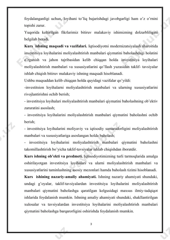 tini asoslash; - investitsiya loyihalarini moliyalashtirish manbalari qiymatini baholashni ochib berish; - investitsiya loyihalarini moliyaviy va iqtisodiy samaradorligini moliyalashtirish manbalari va xususiyatlariga asoslangan holda baholash; - investitsiya loyihalarini moliyalashtirish manbalari qiymatini baholashni takomillashtirish bo’yicha taklif-tavsiyalar ishlab chiqishdan iboratdir. kurs ishning ob’ekti va predmeti. iqtisodiyotimizning turli tarmoqlarida amalga oshirilayotgan investitsiya loyihalari va ularni moliyalashtirish manbalari va xususiyatlarini taminlashning asosiy mezonlari hamda baholash tizimi hisoblanadi. kurs ishining nazariy-amaliy ahamiyati. ishning nazariy ahamiyati shundaki, undagi g’oyalar, taklif-tavsiyalardan investitsiya loyihalarini moliyalashtirish manbalari qiymatini baholashga qaratilgan kelgusidagi maxsus ilmiy-tadqiqot ishlarida foydalanish mumkin. ishning amaliy ahamiyati shundaki, shakllantirilgan xulosalar va tavsiyalardan investitsiya loyihalarini moliyalashtirish manbalari qiymatini baholashga barqarorligini oshirishda foydalanish mumkin. i bob. investitsiya loyihalarini moliyalashtirish manbalarining mazmun-mohiyati va turkumlanishi 1.1. iqtisodiyotni rivojlantirishda investitsiya loyihalarini moliyalashtirishning o’rni va ahamiyati har qanday davlatning iqtisodiy rivojlanishi investitsiyalarni uzluksiz amalga oshirishni talab qiladi. investitsiya kengaytirilgan takror ishlab chiqarishning asosiy negizini tashkil etar ekan, o’z navbatida, bu takror ishlab chiqarishga …