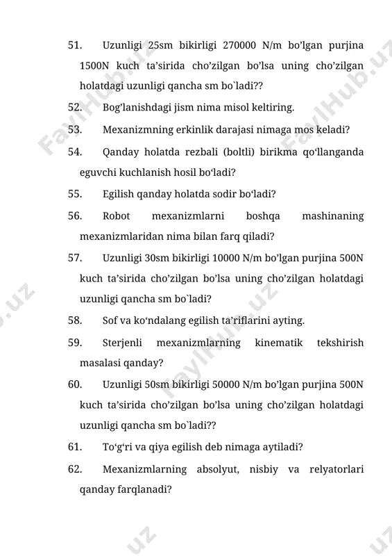 latdagi uzunligi qancha sm bo`ladi? 90. moddiy nuqtaning erkin tebranma harakat differensial tenglamalari. 91. «mashina detallari» fanida qanday detallar o‘rganiladi? 92. motorning ishonchlilik koeffitsienti 0,92. 300 marta urinishdan u necha bor ishga tushadi? 93. mo‘rt materiallar uchun ruxsat etilgan kuchlanish ifodasini toping. 94. po‘lat 45 materiali uchun ruxsat etilgan kuchlanish ifodasini toping. 95. mustahkamlik zahirasi qiymatini topishning differensial usuli ifodasi? 96. kontakt kuchlanish qanday holatda hosil bo‘ladi? 97. kontakt kuchlanish qanday belgilanadi 98. mahkamlash detallarida eng ko‘p ishlatiladigan rezba profili qanaqa bo’ladi? 99. мetrik rezbalarda profil burchagi nechaga teng? 100. detallarni mahkamlash uchun mo‘ljallangan rezbalar necha kirimli bo‘ladi? 101. dyuymli rezbalarda profil burchagi nechaga teng? 102. rezbaning ichki diametri qanday belgilanadi? 103. rezbaning ko‘tarilish burchagi ni topish ifodasi qaysi variantda to‘g‘ri ko‘rsatilgan? 104. qaysi hollarda val kovak qilib tayyorlanadi? 105. vint sterjeni rezbasining kesilishi qaysi formuladan topiladi? 106. gayka rezbasining kesilishi qaysi formuladan topiladi? 107. val nima uchun pog’onali qilib …