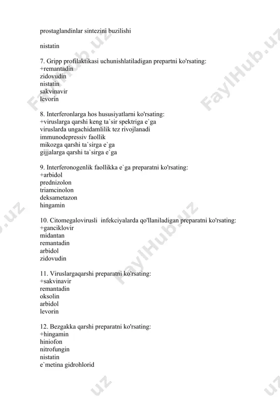 in akrihin hiniofon hingamin 16. hininga hos hususiyatni ko'rsating: +bezgakka qarshi ta`siri kuchsizroq choy alkaloidi, kofe ta`siri sekin yuzaga chiqadi grippda qo'llaniladi faqat parenteral qo'llaniladi 17. hingaminni qo'llash uchun ko'rsatma: +bezgak oddiy gerpes citomegalovirusli infekciya gerpetik e`ncefalit kandidamikoz 18. bezgakka qarshi shahsiy himioprofilaktikada ishlatiladigan preparatni ko'rsating: +hloridin hinin hiniofon e`metin gidrohlorid 4 hlorli e`tilen 19. bezgak komasida qo'llaniladigan preparatani ko'rsating: +hingamin hiniofon e`metin gidrohlorid natriy stiboglyuқonat metronidazol 20. bezgakka qarshi jamoat himioprofilaktikada ishlatiladigan preparatni ko'rsating: +primahin hinin hiniofon solyusur'min natriy stiboglyuқonat 21. amebiazga qarshi vositani ko'rsating: +e`metin gidrohlorid natriy stiboglyuқonat akrihin 4 hlorli e`tilen mebendazol 22. amebiazning patologik process har qanday joylashgan turida ta`sir e`tuvchi preparatni ko'rsating: +metronidazol hiniofon tetraciklin e`metin gidrohlorid hingamin 23. leyshmaniozni davolashda qo'llaniladigan sur'ma preparatini ko'rsating: +solyusur'min akrihin monomicin bismoverol e`metin gidrohlorid 24. gijjalarga qarshi vositani ko'rsating: +levamizol diprazin metisazon sakvinavir metronidazol 25. hujayra zaharlari guruhiga kiruvchi gijjaga qarshi vositani ko'rsating: +4 hlorlie`tilen levamizol fenasal remantadin …