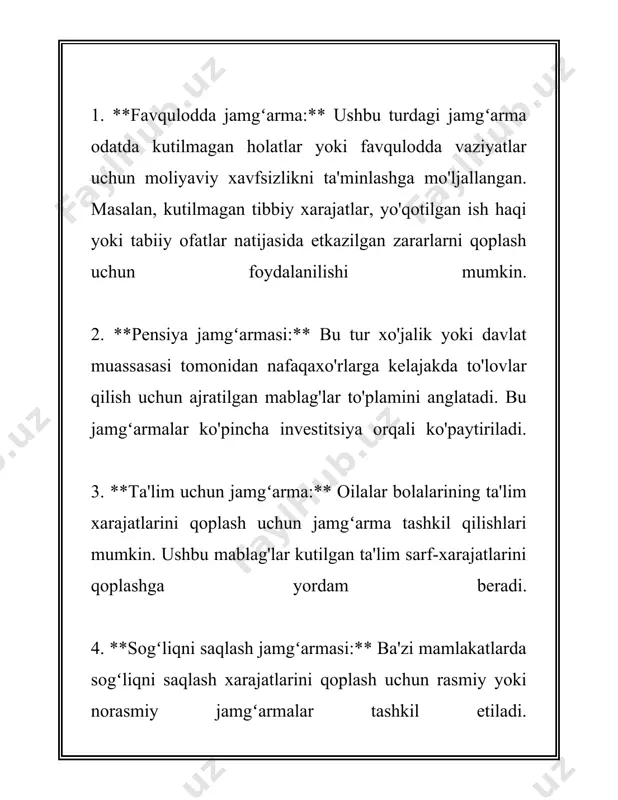 vestitsiyalari**: ko'plab investorlar ko'chmas mulkni barqaror va uzoq muddatli investitsiya shakli sifatida ko'rishadi. ular daromad olishni ijaraga berish yoki uzoq muddatda mulk qadriyatining oshishi orqali amalga oshiradilar. yillik daromad foizi hudud, mulk turi va iqtisodiy shartlarga ko'ra sezilarli darajada farq qilishi mumkin. 6. **qimmatli metallarga investitsiya**: oltin, kumush, platina singari qimmatli metallarga sarmoya kiritish ham jamg'arma turi hisoblanadi. ushbu metallarning narxi odatda iqtisodiy noaniqlik davrida yuqori bo'ladi. ushbu jamg'arma turi inflyatsiyadan himoya sifatida ko'rilishi mumkin. 7. **aksiyalar va obligatsiyalar**: o'zbekiston va xalqaro bozorlarida aksiyalar va obligatsiyalar sotib olish orqali ham jamg'arma yaratish mumkin. aksiyalar dividendlar va kapital o'sish orqali daromad keltirishi mumkin. obligatsiyalar esa odatda fiksirlangan foizlar orqali barqaror daromad manbai hisoblanadi. 8. **crowdfunding platformalari**: so'nggi yillarda, turli crowdfunding platformalari orqali ham jamg'arma tashkil etish ommalashmoqda. ushbu platformalar orqali jamoalar kichik investorlarni jalb qilib, loyihalarni moliyalashtirishga urinadilar. bu investorlar kichik miqdorda pul qo'shadi va loyihaning muvaffaqiyatiga bog'liq ravishda daromad oladilar. …
