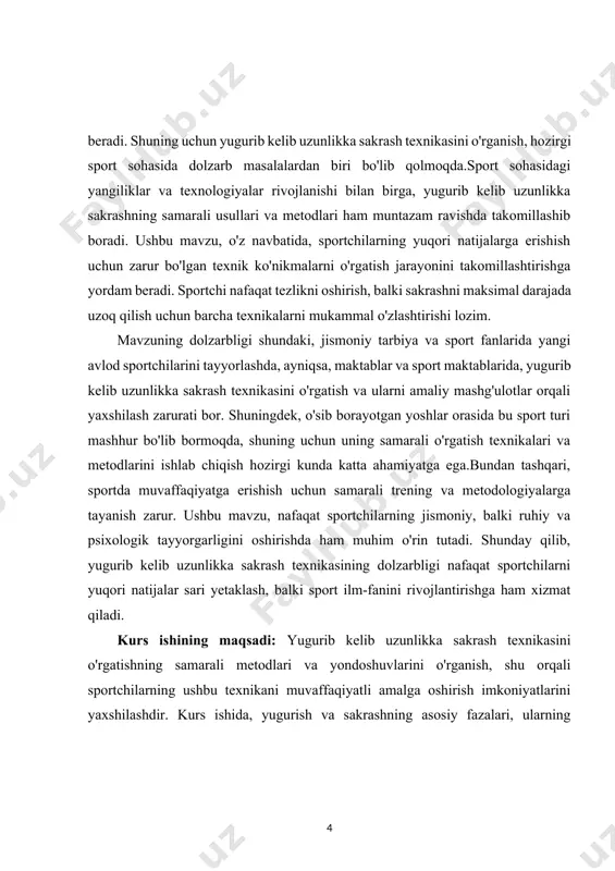 nikasini o'zlashtirish, hamda sakrashning samaradorligini oshirish uchun eng samarali mashq va trening usullarini tahlil qilish maqsad qilingan. shuningdek, kurs ishining vazifalaridan biri — yugurib kelib uzunlikka sakrashning murakkab texnikasini o'rgatishda yuzaga keladigan xatolarni aniqlash va ularni tuzatish yo'llarini ko'rsatishdir. sportchilarning muvaffaqiyatli natijalarga erishish uchun jismoniy va psixologik tayyorgarlikni birlashtirish va ularning mustahkamligini oshirishda samarali metodlarni ishlab chiqish ham bu ishning muhim vazifalaridan biridir.yugurib kelib uzunlikka sakrash texnikasini o'rgatishda samarali va tizimli yondoshuvlarni ishlab chiqish hamda o'qitish jarayonida sportchilarning ko'nikmalarini rivojlantirishga yo'naltirilgan strategiyalarni aniqlashdir. yana bir vazifa — bu sportchilarga yugurish va sakrash texnikasini yaxshilashda individual yondoshuvni qo'llash, ularning kuchli va zaif tomonlarini tahlil qilib, trening jarayonini optimallashtirishdir. kurs ishida, shu bilan birga, mavjud o'qitish metodikalarini yangilash va o'quvchilar uchun eng samarali mashq va trening usullarini ishlab chiqish ko'zda tutilgan. kurs ishining tarkibiy tuzilmasi: ushbu kurs ishi 2 ta bob, 6 ta reja, xulosa va foydalanilgan adabiyotlardan iborat. i.bob. yugurib kelib …