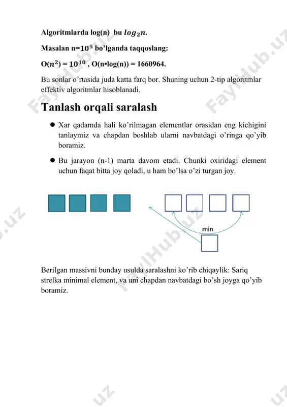 uchun qo’shimcha t o’zgaruvhci kiritamiz va quyidagi amallarni bajaramiz: · t = a; · a = b; · b = t; qo’shimcha o’zgaruvchi kiritmasdan ham almashtirish mumkin buning uchun(o’zingiz tahlil qilib ko’ring): · a = a+b; (a+b, b); · b = a-b; (a+b, a); · a = a-b; (b, a); c++ dasturlash tilida swap(a, b) funksiyasi orqali o’zgarucxhilar-ning qiymatlarini almashtirish mumkin. #include using namespace std; int main() { int n; cin>>n; int a[n]; for (int i = 0; i >a[i]; for (int i = 0; i using namespace std; int main() { int n; cin>>n; int a[n]; for (int i = 0; i >a[i]; for (int i = n-1; i >= 1; i--) { for (int j = 0; j a[j+1]) { int t = a[j]; a[j] = a[j+1]; a[j+1] = t; } } } for (int i = 0; i using namespace std; int maxn = 100001; int cnt[100001]; …