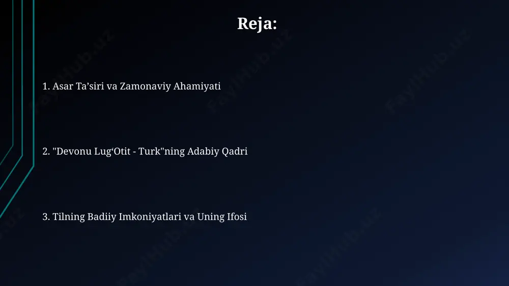 zamon tilshunosligi uchun 30 dan ortiq ilmiy tadqiqotlarning asosi boʻlib xizmat qilgan. kelajakdagi tadqiqotlar va imkoniyatlari lug'atdagi 5000 dan ortiq so'zning etimologiyasini zamonaviy lingvistik usullar yordamida tahlil qilish va turkiy tillarning genetik aloqalarini aniqlashda yangi ma'lumotlar olish imkoniyati mavjud. "devonu lug'otit-turk"dagi tabiat hodisalari, kasb-hunarlar va ijtimoiy hayotga oid 200 dan ortiq terminning 16-asr o'rta osiyo madaniyati va jamiyati haqida qo'shimcha ma'lumotlar berish salohiyati katta. "devonu lug'otit-turk"ning 15-asrga oid qo'lyozmalarini topish va raqamli formatga o'tkazish, shu bilan birga samarqand va buxoro arxivlaridagi tegishli manbalarni tahlil qilish orqali lug'atning kelib chiqishi va rivojlanishini chuqurroq o'rganish mumkin. "devonu lugʻotit - turk"ning adabiy ahamiyati “devonu lugʻotit - turk” 12 asrdan orqali turkiy tillarning leksik boyligini, fonetik xususiyatlarini va grammatik tuzilmalarini oʻrganishda muhim manba hisoblanadi. ushbu devon, 1000 dan ortiq soʻz va iboralarni oʻz ichiga olib, xorazm, buxoro va samarqand kabi oʻrta osiyo mintaqalarining til tarixini tushunishga yordam beradi. devon, oʻz davrining adabiy tili va …