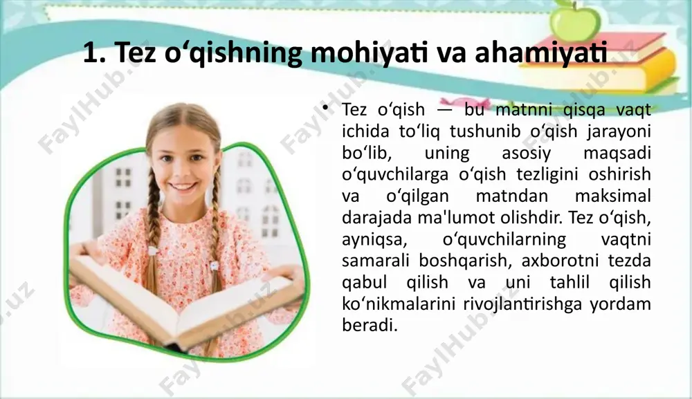 kasi tez o‘qishga o‘rgatish metodikasi o‘quvchilarga aniq, samarali va tizimli yondashuvni talab etadi. o‘quvchilarni tez o‘qishga o‘rgatishda quyidagi amaliy yondashuvlar qo‘llaniladi: tez o‘qish mashqlari: tez o‘qish malakalarini rivojlantirish uchun turli xil mashqlar va testlar amalga oshiriladi. bu mashqlar o‘quvchilarning o‘qish tezligini oshirish va ma'lumotni tezda qabul qilish imkonini beradi. misol uchun, o‘quvchilarga bir nechta paragraflar berilib, ularga ma'lum vaqt ichida matnni o‘qib, asosiy fikrlarni ajratib olish vazifasi beriladi. o‘qish motivatsiyasi: o‘quvchilarga tez o‘qishning foydalari tushuntirilgan holda, ularda o‘qishga bo‘lgan qiziqish va motivatsiya oshiriladi. bu o‘quvchilarning o‘qish jarayonida faol ishtirok etishiga yordam beradi va ularning o‘qish malakalarini rivojlantiradi. o‘qituvchining roli: o‘qituvchi tez o‘qishga o‘rgatish jarayonida o‘quvchilarga yordam berib, ularni to‘g‘ri usullar bilan tanishtirishi kerak. o‘qituvchi, shuningdek, o‘quvchilarni o‘z maqsadlariga erishishda qo‘llab-quvvatlab, ular uchun o‘qish mashqlarini doimiy ravishda yangilab turishi zarur. xulosa: tez o‘qish usullari o‘quvchilarga bilimlarni tezda qabul qilish va o‘zlashtirishda katta yordam beradi. ushbu usullarni o‘qituvchilar o‘z pedagogik faoliyatida samarali …