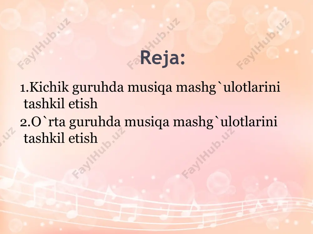 tashkil qilish. o’yinda musiqaga mos harakatlanish, nutq, tasavvur va tafakkurni rivojlantirish, bolalar cholg’ulari, o’yinchoq va qo’g’irchoqlardan foydalanish. bolalarning mashg’ulotlardan olgan bilimlarini rivojlantirish va mustahkamlash maqsadida «kuyini top», «do’stingni ovozidan tanib ol», «xaltachada nima bor», «qaysi cholg’u yashiringan», «qush va qushchalar», «o’rmonda» kabi musiqaviy-didaktik o’yinlarni mashg’ulot vaqtida va mustaqil faoliyatlari davomida guruh xonalaridagi musiqa burchaklarida tashkil etish. 4 yoshli bolaning egallash lozim bo’lgan bilim ko’nikma va malakalar turli hil mazmun va kayfiyatdagi musiqani tinglash, eslab qolish; tinglangan kuylarni tanib olish va ularning bastakori nomini bilish. kuy, qo’shiq va raqs haqida tushunchaga ega bo’lish. karnay, surnay, nay, nog’ora, doira kabi xalq cholg’u asboblarini tanish va ovozidan farqlash. qo’ng’iroqcha, shiqildoqlar, doiracha, buben, metallofon, sunaycha, bolg’acha, uchburchak kabi bolalar cholg’ularida chalish usullarini bilish; birgalikda kuylay olish; qo’shiq kuylash bilan bir vaqtda harakatlar bajara olish. harakatli o’yinlarda faol ishtirok etish. turli predmetlar bilan harakatlar bajarishni uddalash o`rta guruhda musiqa mashg`ulotlarini tashkil etish o‘rta guruh(4 yosh) …