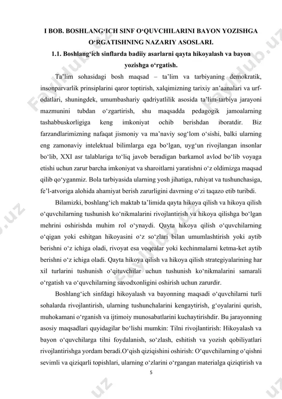 o‘qilgan matn yuzasidan savollarga javob berish, reja tuzish va reja asosida og‘zaki qayta hikoyalash bolalarni bayon yozishga tayyorlaydi. o‘quvchilarni o‘z fikrini mustaqil yozishga, o‘qilgan matnni hikoya qilishga o‘rgatishni iloji boricha ertaroq boshlagan ma’qul. buning uchun o‘quvchilar matnni og‘zaki hikoya qilayotganda qo‘llangan alohida so‘zlarni yozishdan gapni yozishga, so‘ng matnni qismlarini yozishga va ikkinchi sinfdan boshlab maxsus tanlangan kichik matn asosida bayon yozishga o‘rgatiladi. bayon o‘qib berilgan namunaviy matn mazmunini ma’lum tayyorgarlikdan so‘ng yozma qayta hikoyalashdir. o‘qish darslarida matn ustida ishlash, o‘qilgan matn yuzasidan savollarga javob berish, reja tuzish va reja asosida og‘zaki qayta hikoyalash bolalarni bayon yozishga tayyorlaydi. tahlil boshlang‘ich maktab sharoitida odatda qo‘llaniladigan takrorlash va hikoya qilish strategiyalarining bir nechta turlarini aniqladi. bularga quyidagilar kiradi: 1. ketma-ket takrorlash: o‘quvchilar hikoya yoki matnni voqealar sodir bo‘lish tartibi bo‘yicha umumlashtiradilar, asosiy syujet nuqtalari va asosiy fikrlarga e’tibor qaratadilar. 2. xulosa: o‘quvchilar matnning asosiy g‘oyalari va muhim tafsilotlarini qisqacha bayon qilib, mayda detallar …