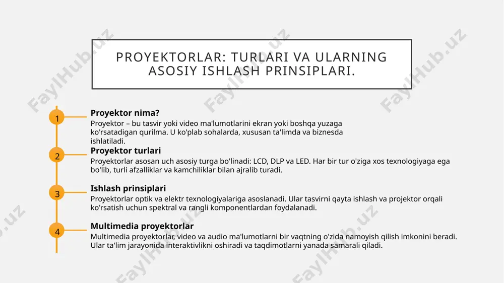 iliklari orasida yuqori narxlar, texnik muammolar va energiya sarfi mavjud bo'lib, bu ulardan foydalanishni cheklashi mumkin. proyektor texnologiyalarining tarixiy rivoji va asosiy bosqichlari. 1 proyektorlarning tarixi proyektorlar 19-asrda paydo bo'lgan, dastlabki modellar lanternalardan foydalangan holda tasvirlarni ko'rsatishda ishlatilgan. bu texnologiya tezda rivojlandi. 2 texnologik o'zgarishlar 20-asrning o'rtalarida proyektorlar uchun yangi texnologiyalar, masalan, film proyektorlar va diapozitiv proyektorlar ishlab chiqildi, bu esa taqdimotlarni osonlashtirdi. 3 multimedia proyektorlar 1990-yillarda multimedia proyektorlarining rivoji, lcd va dlp texnologiyalari orqali, ta'lim va biznesda ko'plab imkoniyatlarni ochdi. ular hozirda keng qo'llaniladi. 4 kelajak tendentsiyalari hozirgi kunda, proyektorlar uchun yangi innovatsiyalar, masalan, lazer va 4k texnologiyalari, taqdimotlar sifatini oshirishda muhim ahamiyat kasb etmoqda. multimedia proyektorlar: zamonaviy innovatsiyalar va ularning ta'siri. multimedia texnologiyalari multimedia proyektorlar, 4k va 8k rezolyutsiyalarni qo'llab-quvvatlab, taqdimotlarda yuqori sifatli tasvirlar va ranglar taqdim etadi. interaktiv imkoniyatlar zamonaviy multimedia proyektorlar, sensorli ekranlar va interaktiv dasturlar orqali o'quv jarayonini yanada qiziqarli va faol qiladi. tezkor bog'lanish …