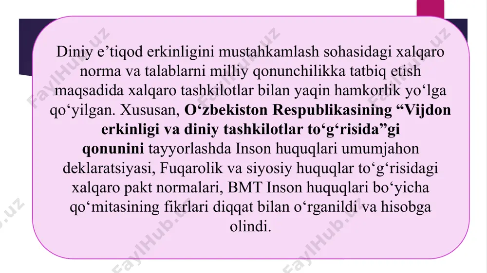 laratsiya bo‘yicha barcha davlatlar fuqarolik, iqtisodiy, siyosiy, ijtimoiy va madaniy hayotning barcha sohalarida inson huquqlari va asosiy erkinliklarini e’tirof etish, amalga oshirish va tadbiq qilishda din yoki e’tiqodlar negizida kamsitishni ogohlantirish va unga barham berishning samarali choralarini ko‘rishi, zarur hollarda bunday kamsitishlarga barham beruvchi yoki ularni belgilovchi qonunlarni bekor qiluvchi qonunlarni qabul qilishi, shuningdek, din yoki boshqa e’tiqodlar negizida murosasizlikka qarshi kurash bo‘yicha tegishli choralarini ko‘rishi lozim. bag‘rikenglik tamoyillari deklaratsiyasi - 1995 yil oktyabr - 16 noyabrda parijda yunesko bosh konferentsiyasining yigirma sakkizinchi sessiyasiga to‘plangan ta’lim, fan va madaniyat masalalari bo‘yicha birlashgan millatlar tashkilotiga a’zo davlatlar tomonidan qabul qilingan. shu bois, “16 noyabr – xalqaro bag‘rikenglik kuni” deb e’tirof etilgan. “2017-2021 yillarda o‘zbekiston respublikasini rivojlantirishning beshta ustuvor yo‘nalishi bo‘yicha harakatlar strategiyasi”ning beshinchi yo‘nalishi aynan diniy bag‘rikenglik va millatlararo totuvlikni ta’minlash masalasiga bag‘ishlandi. uning mantiqiy davomi sifatida 2022 yil 28 yanvar sanasida o‘zbekiston respublikasi prezidentining “2022-2026 yillarga mo‘ljallangan yangi o‘zbekistonning taraqqiyot …