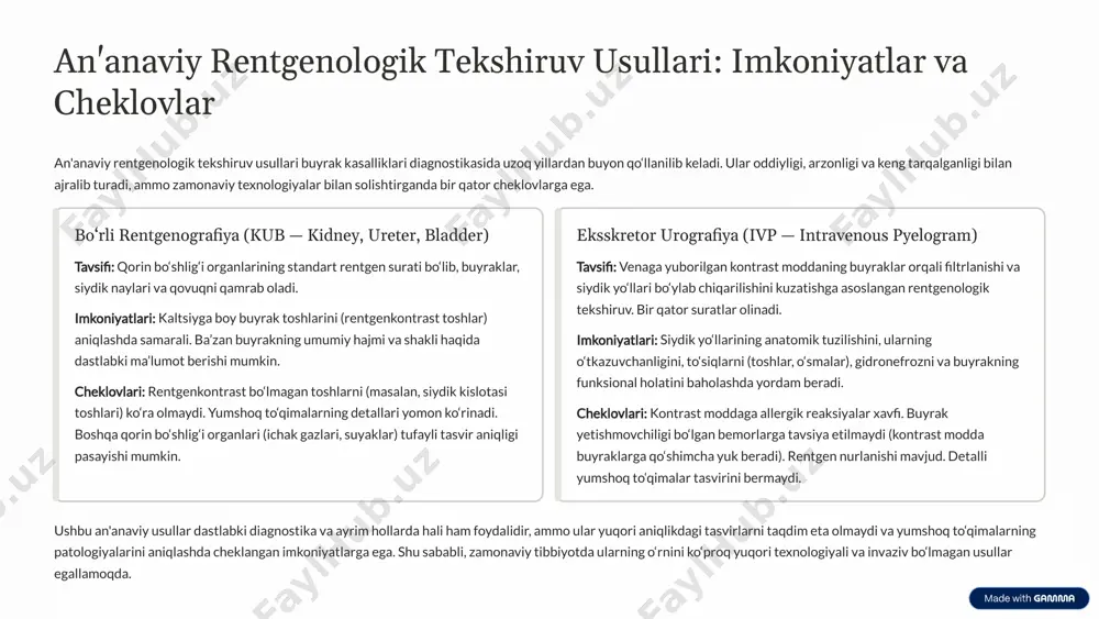 raqamli subtraktsiya texnologiyasi suyaklar va boshqa strukturalar tasvirini olib tashlab, faqat qon tomirlarini aniq ko‘rsatishga yordam beradi. qo‘llanilishi: buyrak arteriyasining torayishi (stenoz), buyrak o‘smalarining qon bilan ta’minlanishi, arterioveno‘z fistulalar va travmatik shikastlanishlar kabi tomir patologiyalarini aniqlashda muhim. afzalliklari: buyrak tomirlarining juda aniq tasvirini beradi. ba’zan diagnostika bilan birga davolash muolajalari (masalan, stent qo‘yish) ham o‘tkazilishi mumkin. ultratovush (uzi) tavsifi: yuqori chastotali tovush to‘lqinlaridan foydalanib, buyraklarning real vaqt rejimida tasvirini hosil qiladi. invaziv bo‘lmagan va rentgen nurlanishini o‘z ichiga olmaydi. qo‘llanilishi: buyrakning hajmi, shakli, joylashuvi, kistalar, toshlar, gidronefroz va ba’zi o‘smalarni dastlabki aniqlashda keng qo‘llaniladi. homilador ayollar va bolalar uchun xavfsiz. afzalliklari: xavfsiz, arzon, tez va keng tarqalgan. funksional holatni (masalan, qon oqimini doppler uzi yordamida) baholash mumkin. magnit-rezonans tomografiya (mrt) tavsifi: kuchli magnit maydoni va radio to‘lqinlardan foydalanib, tananing ichki organlarining detalli kesma tasvirlarini hosil qiladi. rentgen nurlanishi yo‘q. qo‘llanilishi: buyrak o‘smalarini xarakterlash, kistalarni differensial diagnostikasi, buyrak to‘qimalarining yallig‘lanish jarayonlarini, …