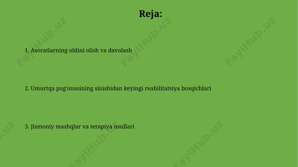 umumiy sog'lig'i tiklanish vaqtiga va natijalariga sezilarli ta'sir ko'rsatadi. masalan, t12-l1 umurtqalarining kompresssion sinishi l1-l5 dan farqli ravishda reabilitatsiyani boshqa yo'nalishda talab qiladi. orqa miya sinishi bo'lgan bemorlarning muvaffaqiyatli reabilitatsiyasi uchun ko'p tarmoqli yondashuv zarur bo'lib, unga fizioterapiya, dori-darmonlar, jarrohlik va psixologik yordam kiradi. taxminan 60% hollarda reabilitatsiya davolash kursi kamida 3 oy davom etadi. mushaklarni mustahkamlash mashqlari orqa mushaklarini mustahkamlash uchun 3 ta to'plamdan iborat mashqlarni haftasiga 3 marta, har bir to'plamni 10-15 takrorlash bilan bajarish tavsiya etiladi, bu umurtqa pog'onasining barqarorligini oshiradi. qorin mushaklarining kuchini oshirish uchun "plank" mashqini kuniga 2-3 marta, har bir marta 30-60 sekund davomida bajarish, umurtqa pog'onasiga bosimni kamaytirishga yordam beradi. asoratlar va profilaktika jismoniy mashqlar, xususan, yumshoq yuklamalar bilan umurtqa pog'onasini mustahkamlovchi mashqlar, sinish xavfini 30% ga kamaytirishi mumkin. to'g'ri holatni saqlash ham muhim. umurtqa pog'onasining sinishiga olib keladigan osteoporozni oldini olish uchun, 50 yoshdan oshgan ayollarda suyak zichligi tekshiruvi va kalsiy, d …