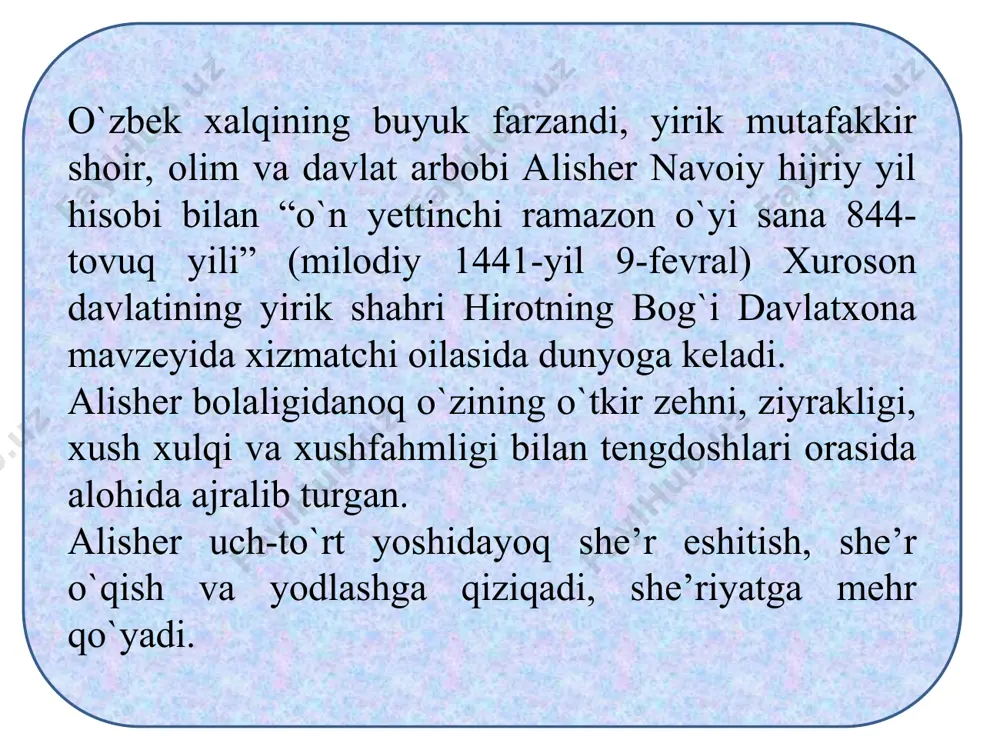 larni qadrlar, o`zi ham o`zbek va fors tillarida g`azallar yozar edi. ma’rifatparvar hukmdor alisherni o`z tarbiyasiga oladi. uning iqtidorini, qobiliyatini e’zozlab, bilim olishi, ijod qilishi, shoirlik malakasini oshirishga e’tibor qaratadi. 1456-yil abulqosim bobur o`z poytaxtini xurosondan mashhadga ko`chiradi va alisherni ham o`zi bilan olib ketadi. 1457-yil abulqosim bobur vafot etadi. alisher mashhadda qolib o`qishini davom ettiradi. * navoiy “ixlosiya” madrasasi, “xalosiya” xonaqohi, “shifoiya” tabobatxonasi, jome’ masjidi, “dorul-huffoz” (qiroatxona) va shunga o`xshash o`nlab binolar, rabotlar qurdiradi, kanallar qazdiradi. har yili 2mingga yaqin beva-bechoraga kiyim-kechak, oziq-ovqat ulashadi. u o`z atrofiga o`sha zamondagi eng mashhur olimlar, san’atkorlar, quruvchilar, naqqoshlar, shoirlar va xattotlarni yig`adi va ularga har tomonlama homiylik qiladi. xamsa (1483- 1485) hayrat-ul abror (1483) farhod va shirin (1483) layli va majnun (1483) sabbai sayyor (1484) saddi iskandariy (1485) alisher navoiy 1472-1476-yillar birinchi she’riy devoni “badoyiul-bidoya”, 1486-yilda ikkinchi devoni “navodir un-nihoya”ni yaratdi. 1492-yillarda u o`zbek tilida yozgan hamma she’rlaridan yaxlit bir devon tuzishga …