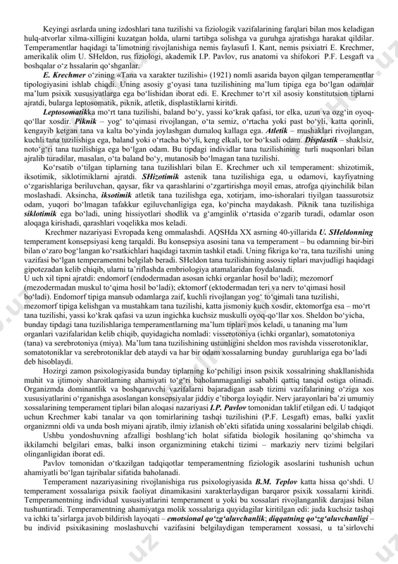 lar – ushbu insonga xos bo‘lgan tafakkur va hulq-atvorni belgilab beruvchi shaxs qirralari yig‘indisi» va boshqalarning ta’riflari shulardan iborat. bizlar esa r.s. nemov tomonidan shaxsga berilgan ta’rifni qo‘llaymiz: «shaxs – bu ijtimoiy asoslangan, ijtimoiy tabiatga ega bo‘lgan aloqalar va munosabatlarda namoyon bo‘ladigan, barqaror, odamning o‘zi va atrofidagilar uchun ahamiyatli bo‘lgan ahloqiy harakatlarni belgilab beruvchi o‘zining psixologik xususiyatlari tizimidagi inson». shunday qilib, inson, birinchidan, tirik tabiat vakili, biologik ob’ekt sifatida, ikkinchidan, ongli faoliyat sub’ekti sifatida va, uchinchidan, ijtimoiy mavjudot sifatida o‘rganilishi mumkin, bu uch darajaning yaxlit uyushmaga birlashishi insonning yig‘indi xususiyatlarini – uning individualligini shakllantiradi. individuallik – bu ma’lum insonning, uning noyobligi, betakrorligi nuqtai nazaridan o‘ziga xos bo‘lgan ruhiy, fiziologik va ijtimoiy xususiyatlar yig‘indisi. individuallik – bu ko‘rib chiqilgan tushunchalar ichida mazmuniga ko‘ra eng tor tushuncha hisoblanadi. u o‘zida insonning boshqa odamlardan farq qiluvchi o‘ziga xos va shaxsiy xossalarini jamlaydi. individuallik turli xildagi tajriba, bilimlar, fikrlardagi tafovutlar, xarakter va temperamentlardagi farqlar, …