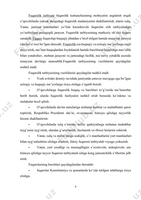 l etish uchun ma’lum shart-sharoitlarning mavjudligi taqozo etiladi. bularga: -o’quv yurtida tashkil etilayotgan ta’lim-tarbiya jarayoni yuksak darajada uyushtirilishi kerak; -fuqarolik tarbiyasini tashkil etish jarayonining muvaffaqiyati o’qituvchi va o’quvchilar jamoasining saviyasiga bog’liq; -tarbiyaviy ishning rejali, uzluksiz, tizimli bo’lishiga erishish; -oila, maktab va mahalla o’rtasida o’zaro hamkorlikning yuzaga kelishi fuqarolik tarbiyasining muvaffaqiyatini ta’minlaydi; -o’quvchilarning axloqiy va huquqiy me’yorlar, umumiy tartibga qat’iy rioya etishga o’rgatish, zimmasidagi burchni to’laqonli ado etishlariga e’tiborni qaratish. ijtimoiy fuqarolik tarbiyasining tashkil etilishi natijasida kamol topgan fuqaro o’zida quyidagi sifatlarni namoyon eta olishi lozim: -fuqarolik burchini bajara olish (o’z vatani, xalqi, ota-onasi oldidagi majburiyatni his eta olish) qobiliyatiga egalik; -milliy g’urur va vatanparvarlik tuyg’usiga ega bo’lish; davlat konstitutsiyasi, davlat hokimiyati organlari, mamlakat prezidenti hamda davlat ramzlari (gerb, bayroq va madhiya)ga nisbatan hurmatda bo’lish; -mamlakat taqdiri va istiqboli uchun javobgarlik, mas’ullik; ijtimoiy huquqiy hamda axloqiy me’yorlarga nisbatan hurmat va itoatda bo’lish; -mamlakat milliy boyliklarini asrash, ularni ko’paytirish haqida qayg’urish; -davlat …