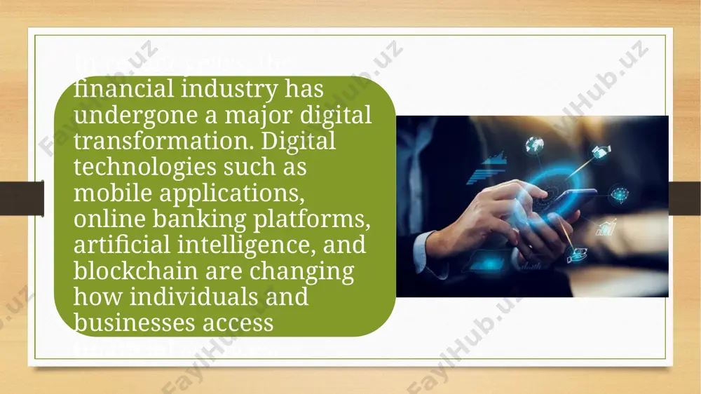 for the financial sector, including: 1. cost efficiency automating processes reduces labor costs and physical infrastructure needs. online banking is cheaper to operate than traditional branch-based banking. 2. 24/7 accessibility customers can access their accounts, make payments, or apply for loans anytime, using mobile apps or websites. 3. financial inclusion digital platforms make it easier for people in remote areas to access financial services. mobile money services like m-pesa in kenya allow users without a bank account to transfer and receive money.” 4. faster transactions real-time processing of payments and transfers improves efficiency and convenience. 5. enhanced customer experience use of ai and data analytics enables banks to offer personalized services and faster support through chatbots and automated systems. many countries and companies around the world have adopted digital technologies to improve financial services: 1. estonia known as one of the most digitally advanced countries. citizens use digital ids to …