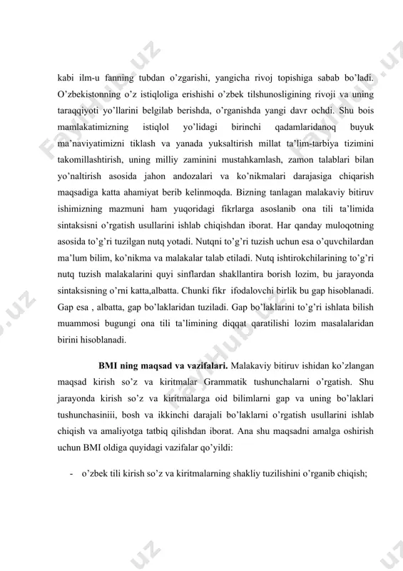 ngan maqsad kirish so’z va kiritmalar grammatik tushunchalarni o’rgatish. shu jarayonda kirish so’z va kiritmalarga oid bilimlarni gap va uning bo’laklari tushunchasiniii, bosh va ikkinchi darajali bo’laklarni o’rgatish usullarini ishlab chiqish va amaliyotga tatbiq qilishdan iborat. ana shu maqsadni amalga oshirish uchun bmi oldiga quyidagi vazifalar qo’yildi: · o’zbek tili kirish so’z va kiritmalarning shakliy tuzilishini o’rganib chiqish; · o’zbek tilida kirish so’z va kiritmalarning mazmuniy tuzilishini tahlil qilish; · o’zbek tilida kirish so’z va kiritmalarning o’rni va o’rganilishini tahlil qilish; · oan tili darslarida kirish so’z va kiritma gap bo’laklari uning turlarini o’rgatish usullarini ishlab chiqish. mavzuning o’rganilishi. kirish so’z va kiritmalarning nazariy asoslari g’.a.abdurahmonov, sh.sh.shoabdurahmonov, a.a.xojiyevlar tomonidan ishlab chiqilgan . keyinchalik bu tadqiqotlar n.mahmudov, a.nurmonovlar tomonidan davom ettirildi. kirish so’z va kiritmalarni nazariy planda batafsil o’rgangan olimlardan yana biri b.o’rinboyevdir. shuningdek, m.omilxonovaning “maktabda sodda kirish so’z va kiritmalarni o’rgatish”, “maktabda ona tili kirish so’z va kiritmalarni o’rgatish” nomli …
