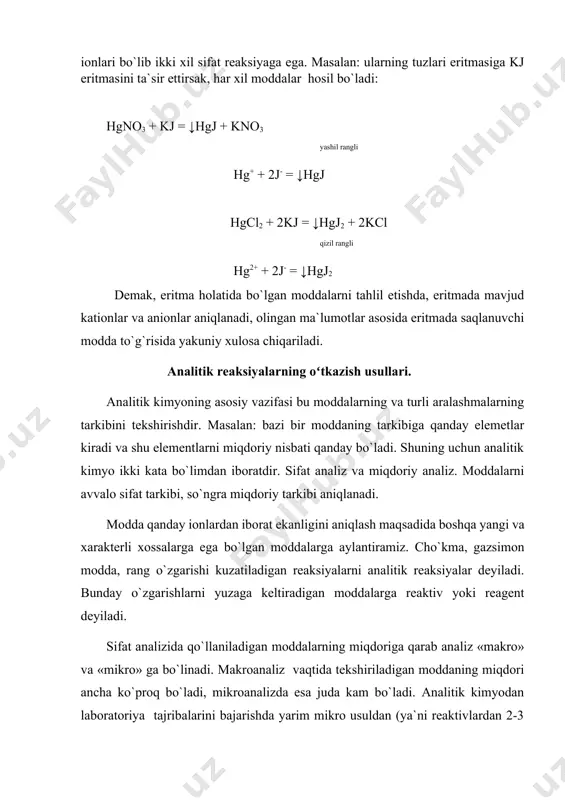 ajarishda yarim mikro usuldan (ya`ni reaktivlardan 2-3 tomchi olib) foydalaniladi. natijada reaktivlar tejaladi. shuning uchun analiz vaqtida juda ham sezgir reaktivdan foydalanish kerak. xo`l va quruq reaksiyalar. sifat analizida analitik reaksiyalar ikki ko`rinishda o`tkaziladi: 1). quruq reaksiyalar 2). xo`l reaksiyalar quruq reaksiya deb, modda uning suyuqlanish temperaturasigacha qizdirib olib borilgan reaksiyalarga aytiladi. bu reaksiyalarga tubandagilar kiradi: і.suyuqlantirish buning uchun ilgari suyuqlantiruvchi aralashmalar tayyorlanadi. masalan: selitra ning nano3 soda na2co3 bilan aralashmasi, yoki potashning k2co3 kaliy nitrat kno3 bilan aralashmasi. tekshiriluvchi quruq moddani shu aralashma bilan aralashtirib farfor yoki platina tigellarida qizdiradi, natijada tekshiriluvchi moddaning tarkibida bazi elemetlarning borligi bilinadi. masalan: tekshiriluvchi modda tarkibida xrom (iii) ioni borligini aniqlamoqchi bo`lsak shu moddani aralashma bilan aralashtirib qizdiramiz. qizdirish natijasida sariq rang paydo bo`lsa, demak tekshiriluvchi modda tarkibida xrom(iii) ioni borligini bildiradi. reaksiyaning tenglamasi quyidagicha bo`ladi. 2cr(oh)3 + 2na2co3 + 3nano3 = 2na2cro4 + 3nano2 + 2co2 + 3h2o ba`zi metallarning tuzlarini bura …
