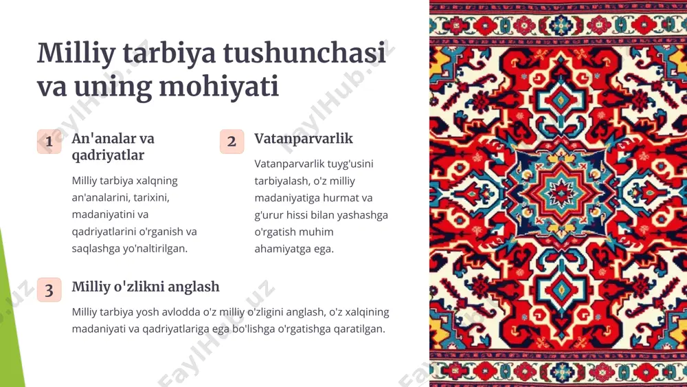 rash, shuningdek, boshqa millatlarning qadriyatlarini tushunish va ularga hurmat bilan munosabatda bo'lish muhimdir. hamkorlik milliy va baynaminal qadriyatlarni birlashtirish, o'zaro hamkorlikni rivojlantirish va global muammolarni hal qilish uchun birgalikda harakat qilishga yo'naltirilgan bo'lishi kerak. o'zaro boyitish baynalminal aloqalar milliy madaniyatga yangi g'oyalar va tajribalar olib keladi, milliy madaniyat esa o'z navbatida baynalminal munosabatlarga boylik va o'ziga xoslik qo'shadi. 5 milliy va baynaminal tarbiyani uyg'unlashtirish zarurati 1 barqarorlik milliy va baynaminal tarbiyaning uyg'unligi jamiyatda barqarorlik va tinchlikni ta'minlaydi, milliy qadriyatlarni saqlash va rivojlantirishga yordam beradi. 2 taraqqiyot baynaminal hamkorlik, o'zaro anglashuv va hurmatga asoslangan munosabatlar iqtisodiy va ijtimoiy taraqqiyotni tezlashtiradi. 3 global integratsiya bugungi global dunyoda milliy va baynaminal tarbiya bir-biriga bog'liq va yosh avlodni global integratsiyaga tayyorlash muhimdir. 6 milliy va baynaminal tarbiya muvozanatini ta'minlash yo'llari milliy ta'lim tizimini takomillashtirish baynalminal ta'lim dasturlarini kengaytirish bolalarni milliy an'analar va madaniyat bilan tanishtirish turli madaniyatlar haqida bilimlarni berish vatanparvarlik tuyg'usini shakllantirish tolerantlik …
