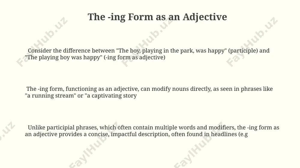 unlike participles which function as adjectives, gerunds (the -ing form as a noun) can take objects and be modified by adverbs, just like verbs. for example: "building 3 impressive sandcastles on the 2-mile beach took hours." grammatically, identifying the -ing form's function as a noun in complex sentences often requires careful analysis of its syntactic role the -ing form functions as a gerund, a type of verbal noun. consider the sentence, "swimming in the pacific ocean near hawaii is my favorite activity using -ing forms in different tenses future continuous constructions such as "she will be studying in paris next year" employ -ing forms to express an ongoing action projected into the future past continuous sentences (e.g., "they were playing football") use -ing forms to describe actions in progress at a specific time in the past. this contrasts with the simple past (e.g., "they played 3 games") in present continuous …