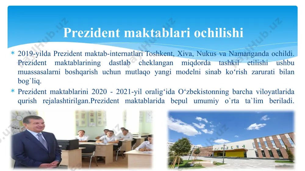 ini tashkil etishdan ko‘zlangan asosiy maqsad ta’lim jarayonida ilg‘or texnologiyalarni qo‘llash orqali iqtidorli bolalarni aniqlash va o‘qitish tizimini shakllantirish, shuningdek, iqtidorli yoshlarni qo‘llab-quvvatlash va rag‘batlantirish, ma’naviy boy va intellektual rivojlangan avlodni tarbiyalash kafolatlarini ta’minlashdan iborat. prezident maktabi faoliyatining asosiy vazifalari va ustuvor yo‘nalishlari: iqtidorli bolalarni aniqlash, tanlash va oʻqitish, ularning har tomonlama rivojlanishi uchun shart-sharoitlar yaratish, shuningdek oʻquvchilarning intellektual, ilmiy va ijodiy salohiyatini ochib berish; tabiiy va aniq fanlarni chuqur oʻrganish, xorijiy tillar, muhandislik va axborot texnologiyalarini oʻzlashtirishni tashkil qilish, oʻquvchilarning innovatsion gʻoyalari va ishlanmalarini rivojlantirish uchun zarur shart-sharoitlar yaratish; oʻquvchilarni oʻqitish va ular bilimini baholashning zamonaviy uslublarini, shuningdek taʼlim dasturlarining integratsiyalashuviga asoslangan oʻqitishning fanlararo yondashuvini joriy qilish va keyinchalik ijobiy tajribani respublika xalq taʼlimi tizimiga tatbiq etish; oʻquvchilarni kasb-hunarga yoʻnaltirish, ularda yetakchilik koʻnikmalari va notiqlik sanʼatini rivojlantirish, tanqidiy fikrlash, axborotni izlash, tahlil qilish va qayta ishlash, olingan bilimlarni amaliyotda qoʻllash boʻyicha malakasini oshirish; oʻquvchilarning umumtaʼlim fanlari boʻyicha xalqaro olimpiadalar, …