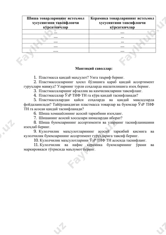 сосида шиша ва керамика товарларининг истеъмол хусусиятини тавсифловчи кўрсаткичларини келтиринг ва уларни солиштирган ҳолда таҳлил этинг. шиша товарларининг истеъмол хусусиятини тавсифловчи кўрсаткичлар керамика товарларининг истеъмол хусусиятини тавсифловчи кўрсаткичлар ... .... .... ... .... ... .... .... ..... .... мантиқий саволлар: 1. пластмасса қандай маҳсулот? унга таъриф беринг. 2. пластмасссаларнинг ҳосил бўлишига қараб қандай ассортимент гуруҳлари мавжуд? уларнинг турли соҳаларда ишлатилишига изоҳ беринг. 3. пластмассаларнинг афзаллик ва камчиликларини тавсифланг. 4. пластмассалар ўзр тиф тн га кўра қандай таснифланади? 5. пластмассалардан қайси соҳаларда ва қандай мақсадларда фойдаланилади? тайёрланадиган пластмасса товарлар ва буюмлар ўзр тиф тн га асосан қандай таснифланади? 6. шиша хомашёсининг асосий таркибини изоҳланг. 7. шишанинг асосий хоссалари нималардан иборат? 8. шиша буюмларининг ассортименти ва уларнинг таснифланишини изоҳлаб беринг. 9. кулолчилик маҳсулотларининг асосий таркибий қисмига ва кулолчилик буюмларининг ассортимент гуруҳларига тавсиф беринг. 10. кулолчилик маҳсулотларини ўзр тиф тн асосида таснифланг. 11. кулолчилик ва нафис керамика буюмларининг ўрами ва маркировкаси тўғрисида маълумот …