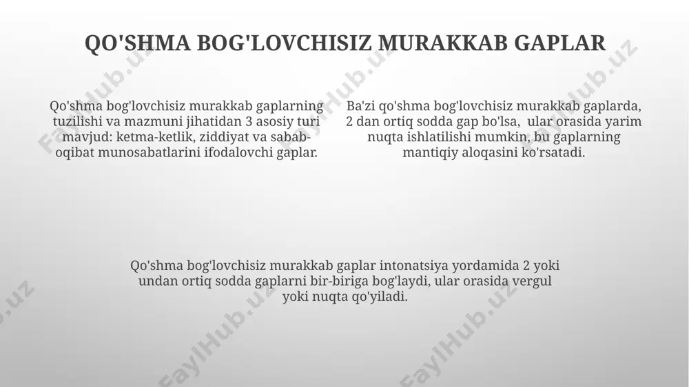 g'lovchi vositalar yordamida yasalgan bo'lib, ularda 2 ta yoki undan ortiq grammatik asoslar mavjud. qarama-qarshi bog'lovchilar bilan murakkab gaplar qarama-qarshi bog'lovchilar (masalan, lekin, ammo, biroq) yordamida tuzilgan murakkab gaplarda 2 ta yoki undan ortiq sodda gaplar bir-biriga zid ma'nolarni ifodalaydi va ular orasidagi mantiqiy munosabat qarama-qarshilikdir. "lekin", "ammo", "biroq" kabi bog'lovchilar bilan bog'langan murakkab gaplarning sodda gaplari o'zaro sintaktik jihatdan teng huquqli bo'lib, ularning orasida tinish belgisi (vergul) qo'yiladi. qarama-qarshi bog'lovchilar bilan tuzilgan murakkab gaplarda 3 ta yoki undan ortiq sodda gaplar ham bo'lishi mumkin, lekin ularning har biri o'zaro qarama-qarshi ma'nolarni ifodalashi shart emas. bog'lovchilarning turlari qo'shma bog'lovchilar ikki sodda gapni bir-biriga teng ma'noda bog'laydi, qarama-qarshi bog'lovchilar esa qarama-qarshi fikrlarni ifodalovchi gaplarni bog'laydi. 2 ta turdagi bog'lovchi mavjud. izohlovchi bog'lovchilar birinchi gapga ikkinchi gap sababini yoki natijasini tushuntirib beradi. ular sabab-oqibat munosabatlarini ifodalaydi va 5 ta turga bo'linadi. bog'lovchilarning 3 ta asosiy turi mavjud: qo'shma bog'lovchilar (masalan, va, hamda), …