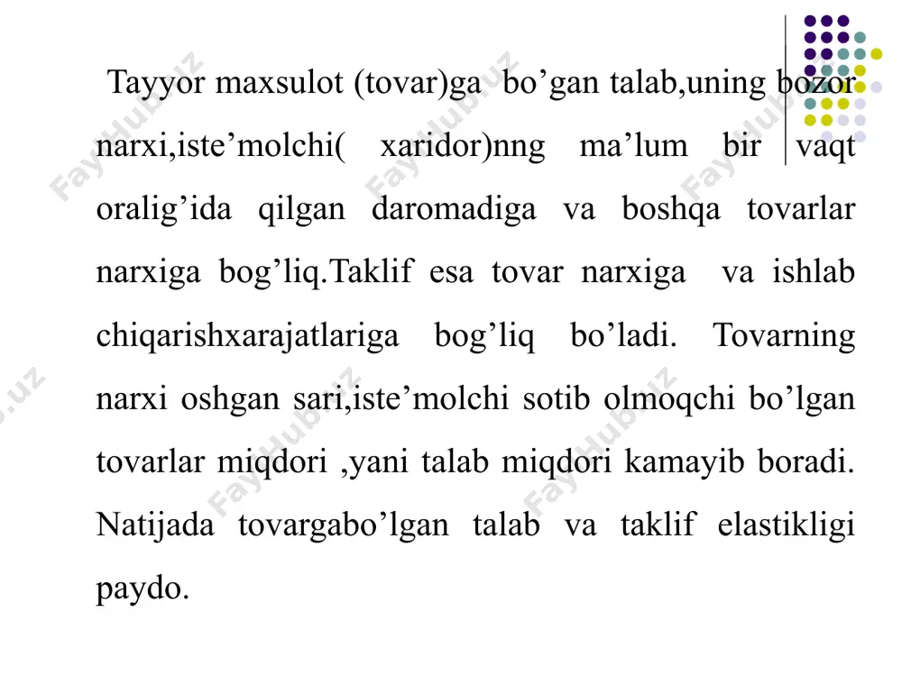hizig’i. 5.3-rasm. elastik bo’lmagan talab chizig’i p d p* q p d q* q kesishgan talab elastikligi. iqtisodiyotda o’rnini bosuvchi tovarlar tushunchasiishlatiladi,bitta tovarga bo’lgan talab darajasi ,boshqa bir tovar narxiga ta’sir ko’rsatadi.masalan pal’to bilan kurtka bir birini o’rnini bosadi.agar pal’toning narxi oshsakurtka nisbatan talab miqdori ortadi. bubog’liqlikdagi talab o’zgarishiga iqtisod fanida ,narxga bog’liq kesishgan talab elastikligi deyiladi.kesishgan talab elastikligi – bu boshqa tovarlar narxi 1% ga o’zgarganda, talab qilinadigan tovarga talabni necha %ga o’zgarishini bildiradi.: ba’zi bir tovarlarni xususiyatiga qarab to’diruvchi tovarlar deb nomlanadi.ular birgalikda ishlatiladi, shu sababli ulardan birining bozor narxining oshishishi,ikkinchi to’ldiruvchi tovarga bo’lgan talab ( yani iste’mol miqdorini)kamiyishiga sabab bo’ladi. misol tariqasida avtomobil moyi va benzin narxini olishimiz mumkinн. benziin narxi oshsa ,benzin iste’moli kamayadi,chunki iste’molchilar avtomobildan kamroq foydalana boshlaydilar,shu sababli,motor moyiga nisbatan ham talab miqdori kamayadi. (grafikda motor moyiga talab egri chizig’i chap tomonga siljiydi.). motor moyining benzinga nisbatan elastikligi manfiy koeffissentga ega bo’ladi bozordagi talab …