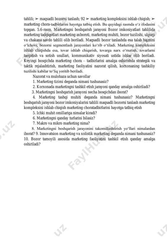iboratdir. lekin bu tuzilishning qator kamchiliklari ham mavjud: ➢ tovarlar bo‘yicha maxsus bo‘limlarning yo‘qligi; ➢ bozorning hududiy segmentlari bo‘yicha maxsus bo‘limlarning yo‘qligi; ➢ bozor talablarining o‘zgarishi va iste’molchilar talabiga operativ reaksiyaning sustligi; ➢ marketing tashkilotlari tadbirlarning moliyalashtirish masalalarini hal etishning qiyinlashganligi. tovar tamoyili bo‘yicha tashkil etish tovarlar va ular guruhlari bo‘yicha bo‘limlar tashkil etishni talab etadi. unda tovar bo‘limlari bo‘yicha mustaqil qaror qabul qiladi. marketing xizmatining tashkiliy tuzilishi bu kabi bo‘lgan shakl, avvalo ishlab chiqaradigan tovarlar assortimenti katta bo‘lgan firmalarga to‘g‘ri keladi. 91 tovar tamoyili bo‘yicha tashkil etish shakli ham, shuningdek kamchiliklarga ega. boshqarishning bu kabi tizimi marketing faoliyatining o‘ziga xos tomonlarini doim ham e’tiborga olmaydi. tovarlar bo‘yicha guruhlar ishchilari o‘z majburiyatlarini samarali bajarish uchun etarlicha huquqlarga ega emas, boshqaruv apparatida katta sonli guruh va guruhchalar paydo bo‘lishi bilan ularni ushlab turish katta xarajatlar talab qiladi. bozor tamoyili bo‘yicha tashkil etishda deyarli barcha korxonalar o‘z tovarini xarakteri jihatidan turlicha bo‘lgan …