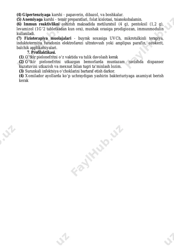 o’tkir pielonefrit rivojlanishi xastalikning vakti-vakti bilan zurayishiga sababchi buladi. 4. tashxisi. tipik xolatlarda anamnezda o’tkazilgan tsistit, uretrit, pielit, buyrak sanchigi, siydik bilan konkrementlar ajralishi, buyrak va siydik chikishi yullari rivojlanishidagi anomaliyalarga kursatmalar tashxisni kuyishda-kiyinchilik tug’dirmaydi. lekin yashirin kechuvchi turini aniklash mushkulrok bunday xolatda siydikni turli xil usullar bilan takror tekshirish zarur. tashxis qo’yishda provakatsiya (sun’iy ravishda kuzgatish) testlaridan xam foydalaniladi. tomir ichiga 20 mg prednizolon yuborib bir soat davomida siydik bilan ajraladigan leykotsitlar soni sanaladi. agar leykotsitlar soni 0,4 * 10 8 g’l va undan ko’prok bo’lsa, xastalikni tasdiklaydi. tashxis qo’yishda buyrakni rentgen, ultratovush va radioizotop usullari bilan tekshirish muxim axamiyatga ega. 5. farklash tashxisi. (1) surunkali glomerulonefrit - siydik cho’kmasida eritrotsitlar soni leykotsitlardan ortik "faol" leykotsitlar aniklanmaydi, buyrakning kontsentratsion faoliyatining erta buzilish belgilari va bakteriyalar yuk. (2) buyrak sili - leykotsituriya (piuriya) turg’un, antibakterial terapiya ta’sirida yukolmaydi. siydikda sil mikobakteriyasi mavjudligi va tuberkulin sinamalarining ijobiyligi xastalikka xos belgi. bunday …