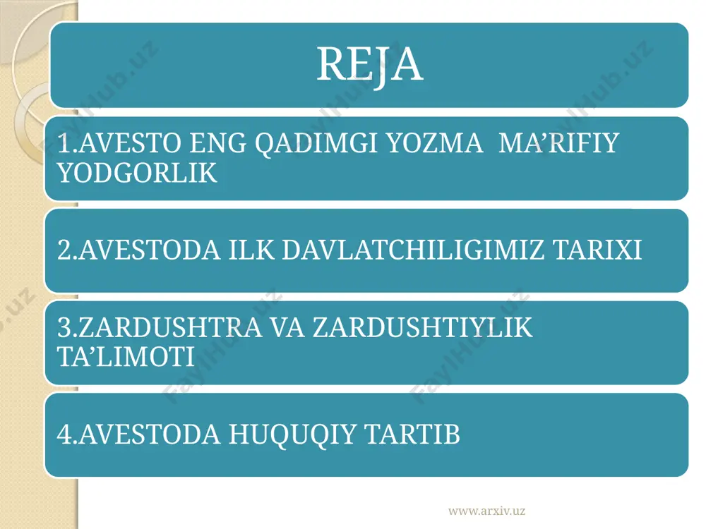 olgan. bu qo’lyozmalardan keng foydalanilgan va uni yunon tiliga tarjima qildirgan. iskandarning hukmronligi tugagach , miloddan avvalgi 250-yilda arshohiylar davrida “avesto” yana yo’qotilgan qismlari tiklangan va yangi matnlar bilan to’ldirilgan. bu voqea eramizdan avvalgi iii asrida sosoniylar podshosi shopur davriga kelib, to’la kitob holiga keltirilgan. eron va turon zaminining bosib olinganligi sababdan zardushtiylik dini ta’qibga olindi va islom dinini joriy etishga kirishildi. islom dinini qabul qilishga majbur etilgan va qabul qilmaganlari esa hindistonga qochib ketib shu yerda jon saqlaganlar. hammamizga ma’lumki , hozirda ham hindistonning bombay va gujarot viloyatlarida yashaydigan aholi bu dinga e’tiqod qiladi va zardushtiylikka amal qiladilar . ular “avesto”ning bir qismini saqlab kelmoqdalar. bu kitob birinchi bora 30 ta kitobdan , keyin 21 ta kitobdan iborat edi. bizgacha bu kitobning 4 tasi saqlanib qolgan. bu kitoblar quyidagilar: 1.“vadovdot” (vendidat) deyiladi. bu kitob 22 bobdan iborat bo’lgan holda, payg’ambar zardusht va xudo ahura mazdalarning savol- javoblari bayon etilgan …