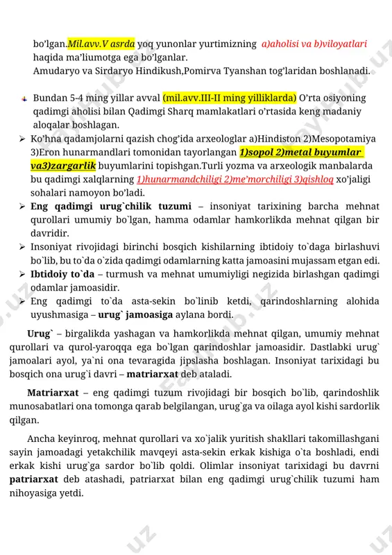 rollari va ularning parchalari,b) tog‘ echkisi, c)kiyik, d)yovvoyi ot, e)qoplon,f) quyon, g)mayda kemiruvchilar, shuningdek, h)qushlarning suyaklari topilgan.teshiktosh g‘orida topib tekshirilgan, tosh asriga mansub 8 – 9 yashar neandertal bolaning suyak qoldiqlari eng mashhur topilmadir. bola jasadi qabrga ko‘milgan. jasad atrofi ga tog‘ echkisi shoxlari qadab chiqilgan.murdaning dafn etilishi dastlabki diniy e’tiqodlar bilan bog‘liq bo‘lgan. · mehnat faoliyati, tevarak olam haqida to‘plangan bilimlar asta-sekin insonning fikrlash qobiliyati va tafakkurini o‘zgartirib bordi. odamlar o‘zlariga tushunarsiz bo‘lgan hodisalar haqida o‘ylay boshladilar: kun bilan tun, yil fasllari almashishi, vulqonlar otilishi, yer qimirlashi va boshqa tabiat hodisalari odam e’tiborini o‘ziga tortgan.odamlar o‘zlariga tushunarsiz bo‘lgan hodisalar haqida o‘ylay boshladilar: kun bilan tun, yil fasllari almashishi, vulqonlar otilishi, yer qimirlashi va boshqa tabiat hodisalari odam e’tiborini o‘ziga tortgan so‘nggi paleolit davriga oid g‘orlar devorlarida topib tekshirilgan rasmlar ham qadimgi odamlarning diniy tasavvurlari to‘g‘risida hikoya qiladi. bunday rasmlardan eng qadimiylari ispaniyadagi altamir, fransiyadagi lasko va boshqirdistondagi kapova g‘orlaridan …