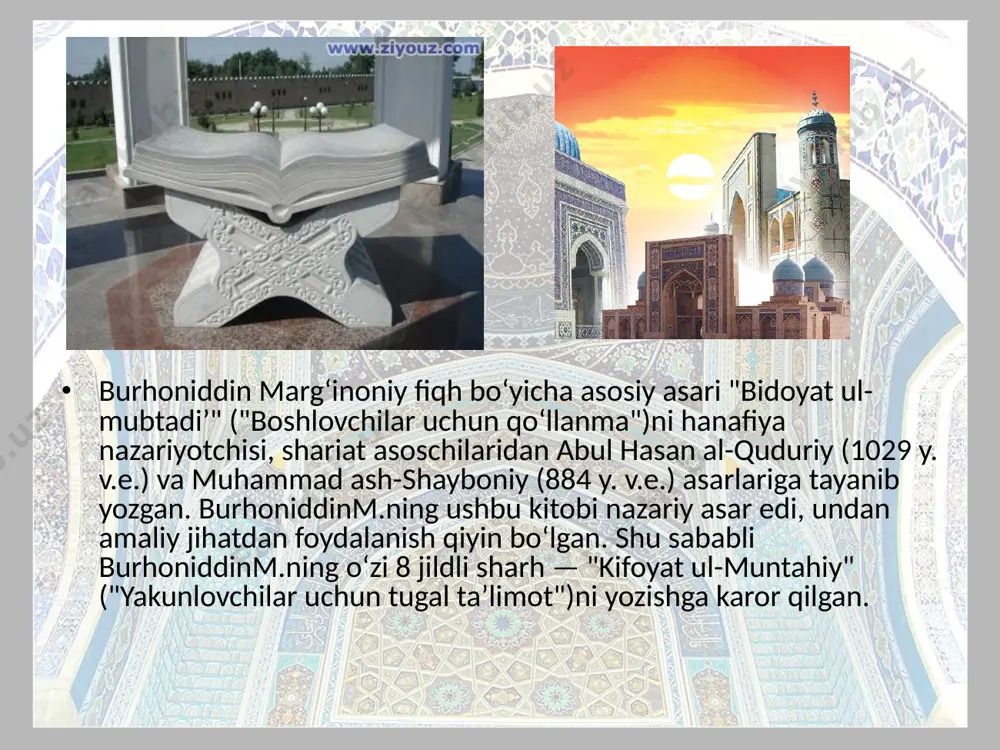 ababli alloma nafaqat ulamolar, balki oddiy xalq orasida ham "hidoyat yoʻlining sarboni" deya katta hurmat-eʼtibor topdi. burhoniddin valmilla (islom dinining dalili, isboti) degan sharafli nomga sazovor boʻldi. www.arxiv.uz www.arxiv.uz burhoniddin margʻinoniyyana bir qancha asarlar yozgan: "nashr al-mazhab" ("mazhabning tarqalishi"), "kitob at-tajnis val-maziyd" ("fuqarolik huquqini taqdim etish"), "kitob ul-faroiz" ("majburiyatlar haqida kitob"), "maziyd fi furu ulhanafiy ("hanafiya mazhabiga qoʻshimchalar") va burhoniddinu oʻz asarlarida ijtimoiy-iqtisodiy munosabatlar, mulkchilikning turli shakllari (davlat va xususiy mulkchilik), moliyaviy faoliyat, jinoyat va jazoning huquqiy asoslarini, fuqarolik huquqi nazariyasi va amaliyoti, qozilik muassasalari tarkibi, tartibi va jinoiy ishni koʻrish masalalarini batafsil yoritib berdi. www.arxiv.uz bu asarlarda adolat tuygusi, oʻz davrining huquqiy mszonlari asosida yashash, oʻzganing mol-mulkiga koʻz olaytirmaslik, haromdan hazar qilish, insof va diyonat, mehroqibat kabi ezgu tushunchalarning mohiyati ochib berilgan. burhoniddinm.ning oʻzi hayoti davomida ana shunday insoniy fazilatlarga amal qilib yashadi. ilmu urfon yoʻlidagi fidoyiligi, kamtarligi oʻz asarlarida bir"on marta ham "men" degan soʻzni ishlatmay, "bu zaif …