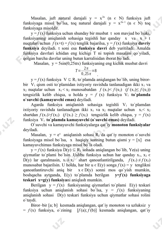 va ham botiq funksiyadir. qavariq funksiyalar quyidagi xossalarga ega: 1. –f (m) funksiya v to`plamda botiq bo`lgandagina, f (m) funksiya v da qavariq funksiya bo`ladi. 2. f1(m) va f2(m) funksiyalar v to`plamda qavariq bo`lsa, ularning ixtiyoriy nomanfiy k1 va k2 koeffitsientli chiziqli k1f1(m) + k2f2(m) kombinatsiyasi v to`plamda qavariq bo`ladi. 3. f (m) funksiya v to`plamda qavariq bo`lib, {m є v | f (m) ≤ b} to`plam bo`sh bo`lmasa, bu yerda b ixtiyoriy son, u holda to`plamning o`zi ham qavariq to`plamdir. botiq funksiyalar ham yuqoridagi xossalarga o`xshash xossalarga ega. bir va ko`p o`zgaruvchili funksiya limiti 1. bir va ko`p o`zgaruvchili funksiya limiti haqida tushuncha. ajoyib limitlar. yaqinlashuvchi funksiya xossalari y = f (m) = f (x1; x2; …; xn) funksiya v rn to`plamda aniqlangan bo`lib, nuqta v to`plamning quyuqlanish nuqtasi bo`l-sin. funksiya limitining bir-biriga o`zaro teng kuchli geyne va koshi tillaridagi ta`riflari mavjud. ko`p o`zgaruvchili funksiya limiti geyne yoki nuqtalar …