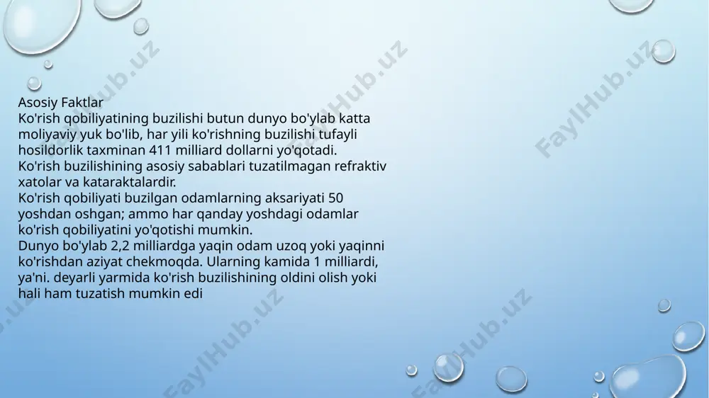 utlaqo ko'r. mutlaq ko'rlik bilan, ikkala ko'zda ham vizual hislar butunlay yo'q. 2. yorug'likni sezuvchi ko'r. to'g'ri proyeksiya bilan yorug'lik hissi bo'lgan bolalar yorug'lik yo'nalishini to'g'ri ko'rsatishi mumkin, noto'g'ri proyeksiya bilan yorug'lik hissi bo'lgan bolalar yorug'lik qayerdan kelganini ko'rsata olmaydi. 3. yorug'lik idroki va rang idrokiga ega bo'lgan ko'r odamlar, ya'ni ular nafaqat yorug'likni qorong'ulikdan ajrata oladilar, balki ranglarni farqlashni ham o'rganadilar. 4. oddiy ko'rish keskinligining mingdan bir qismiga ega bo'lgan ko'r bolalar (taxminan 0,005 dan 0,009 gacha). qulay sharoitlarda ular yuzning oldida qo'lning harakatlarini ko'radilar, juda yaqin masofada ular ob'ektlarning ranglarini, konturlarini va siluetlarini ajrata oladilar. 5. shakllangan (ob'ektiv) qoldiq ko'rish qobiliyatiga ega ko'r odamlar. ushbu guruhga ko'rish keskinligi 0,01 dan 0,04 gacha bo'lgan bolalar kiradi. tifloliteraturada ular qisman ko'ruvchi yoki qisman ko'ruvchi deyiladi. 6. “ko‘r” toifasiga ko‘rish keskinligi yuqori bo‘lgan (1,0 gacha, ya’ni 100% gacha) bolalar ham kiradi, ularda ko‘rish maydoni chegaralari 10-15 gradusgacha yoki fiksatsiya nuqtasigacha torayadi. …