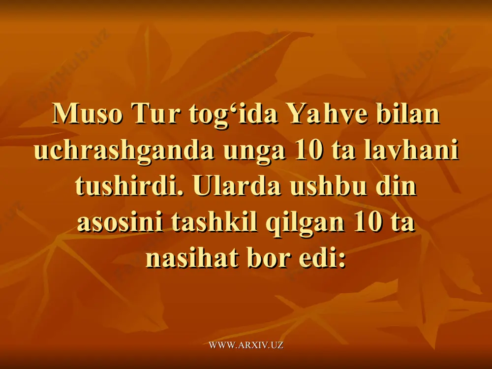 udiylikda bir necha tur oziq-ovqatlar, asosan cho‘chqa, quyon, qo‘shoyoq, tuya, yaxlit tuyoqlilar, o‘laksaxo‘r qushlar kabi ba’zi hayvon go‘shtlarini eyish taqiqlanadi. yahudiylarning yillik bayramlari ichida eng e’tiborlisi peysax (pasxa) bayramidir. bu bayram xristianlarning pasxasidan farqli o‘laroq, yahudiylarning misrdagi qullikdan qutulib chiqqanlari munosabati bilan nishonlanadi. qadimiy yahudiylarda pasxa deb qo‘zichoq go‘shti va vinodan iborat kechki ovqatga aytilgan. xudo misrdagi yahudiy bo‘lmagan go‘daklarni qirib tashlashga qaror qilganda ular o‘z uylarining peshtoqini o‘sha qoni bilan bo‘yab o‘zlarini yahudiy ekanliklarini bildirganlar. www.arxiv.uz www.arxiv.uz yahudiylar pasxa bayramidan keyingi etti kun davomida tuzsiz, xamirturushsiz patir – masa eydilar. masani eyish bilan har bir yahudiy muso boshchiligidagi o‘z ota-bobolarining chekkan mashaqqatlarini his etadi. bu bayram yahudiylarning quyosh-oy kalendarining nison oyining 14 kuni (aprel oyining o‘rtalariga to‘g‘ri keladi) nishonlanadi. pasxadan keyingi 50-kuni yahudiylar shabuot (shevuot) bayramini nishonlaydilar. bu bayram dastlab dehqonchilik bayrami bo‘lgan, keyinchalik sinay tog‘ida musoga xudo tomonidan toraning berilishini nishonlab o‘tkaziladigan bayramga aylangan. u yahudiylarning kalendari bo‘yicha …