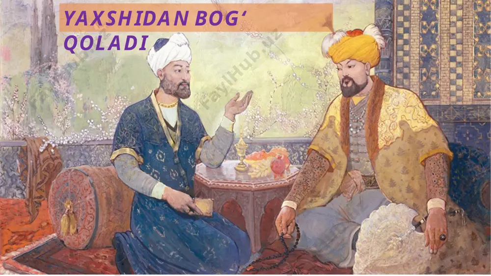 di. — ey do‘stim-ey, qarigan chog‘ingizda bog‘ qilish-ning sizga nima keragi bor, axir? siz bilan men yo- shimizni yashab, oshimizni oshagan bo‘lsak, bu yong‘oqlaringiz qachon hosilga kiradi-yu, siz qachon mevasidan yeysiz? oxir umringizda mana shu bog‘dagi mevalarning boriga qanoat qilib, soya-salqinda tinchgina g‘azal bitib o‘tiravermaysizmi? — do‘stim, yaxshidan bog‘ qoladi, degan naqlni eshitganmisiz? men bu ko‘chatlarni o‘zim uchun emas, mana shu mahallamiz ko‘chalarini changitib yurgan bolakaylar, balkim ularning ham bolalari uchun ekyapman. bir kun kelib, shu ko‘chatlarning har biri azim daraxt bo‘ladi. hosil bera boshlaydi. shunda odamlar uning mevasidan totib: «bu bog‘ mir alisherdan qolgan!» — deyishadi. shuning o‘zi menga har qanday ne’matdan lazzat-liroqdur. bu gaplarni eshitgan sulton husayn mir alisherning saxovatiga qoyil qolib, unga hamyon to‘la tilla chi-qarib beribdi. mir alisher tillaga qarab turib: — ana ko‘rdingizmi, do‘stim! ekayotgan ko‘chatla-rim hozirdanoq hosil bera boshladi, — deya kulib qo‘yibdi. sulton husayn mir alisherning hozirja-vobligiga yana bir bor qoyil qolgan ekan. …