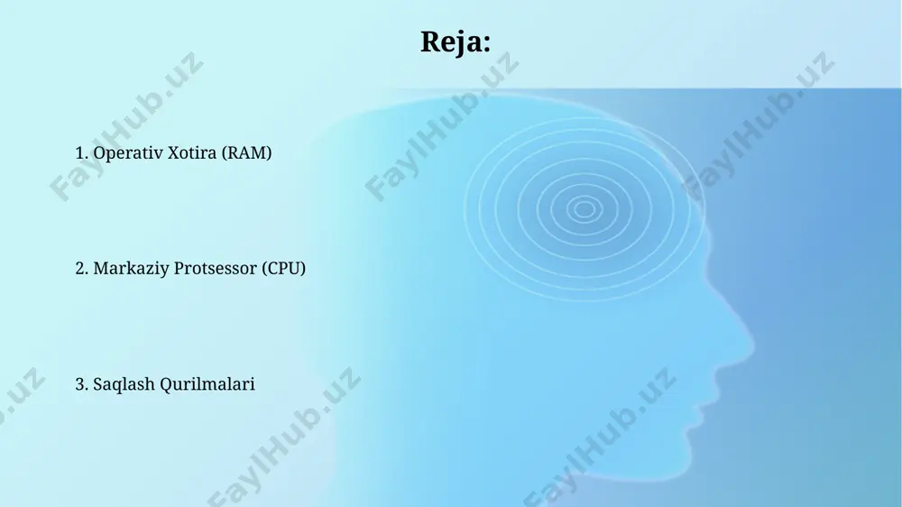 ta'sir qiladi. ssd (solid state drive)lar qattiq disklarga (hdd) nisbatan ancha tezroq ma'lumot o'qish/yozish tezligiga ega bo'lib, o'rtacha 500 mb/s dan yuqori tezlikni ta'minlaydi va bu tizimning yuklanish va dasturlarni ishga tushirish vaqtini sezilarli darajada qisqartiradi. xotira (ram) xotira modulilarining tezligi gigagerts (ghz) da o'lchanadi va 3200mhz dan 4800mhz gacha bo'lgan diapazonda turli xil tezliklarga ega bo'lishi mumkin, bu esa tizimning umumiy ishlash ko'rsatkichlariga ta'sir qiladi. ddr4 va ddr5 kabi turli xil xotira standartlari mavjud bo'lib, ularning har biri turli xil tezlik, quvvat iste'moli va imkoniyatlariga ega, ddr5 esa ddr4 dan yuqori tezlik va samaradorlikka ega. markaziy protsessor (cpu) cpu ning soat chastotasi gigagerts (ghz) da oʻlchanadi va bu uning bir soniyada qancha operatsiyani bajarishini koʻrsatadi; yuqori chastota tezroq ishlashni bildiradi. masalan, 3 ghz lik cpu sekundiga 3 milliard operatsiya bajara oladi. cpu ning asosiy qismlari: aritmetik-mantiqiy qurilma (alu), boshqaruv bloki (cu) va registrlardan iborat boʻlib, ular ma'lumotlarni qayta ishlash …