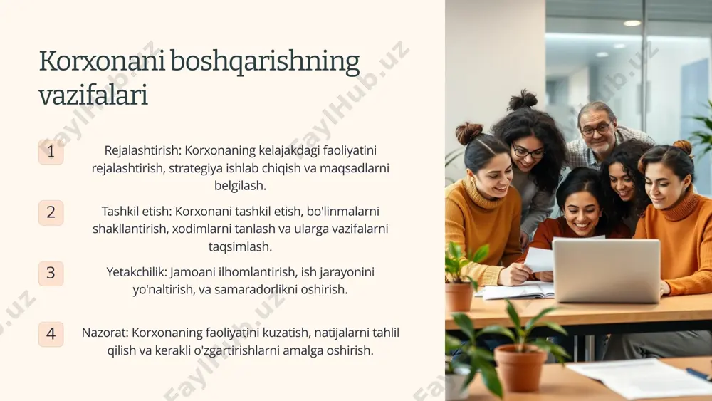 ijobiy va ilhomlantiruvchi tashkilot madaniyati xodimlarning motivatsiyasini oshirishga, ularning ishlash samaradorligini yaxshilashga va korxonaning raqobatbardoshligini kuchaytirishga yordam beradi. 7 korxonani boshqarish: xulosa korxonani boshqarish murakkab va doimiy rivojlanib boruvchi jarayondir. ushbu ma'ruzadan olgan bilimlar sizga korxonangizni samarali boshqarish, uning rivojlanishini ta'minlash va muvaffaqiyatga erishishda yordam beradi. 8 image1.png image2.png image3.png image4.png image5.png image6.png image7.png image8.png image9.png image10.png image11.png image12.png image13.png image14.png image15.png image16.png
