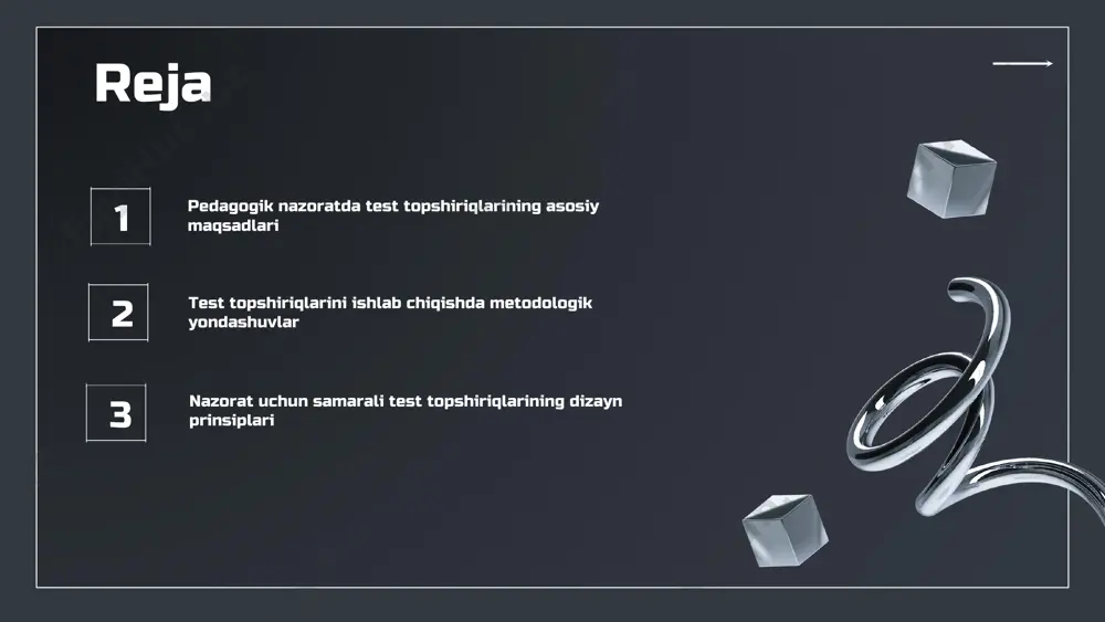 vlar testning validligi va ishonchliligini ta'minlaydi, amaliy yondashuvlar esa real vazifalar va muammolar asosida testlarni ishlab chiqadi. o'quvchilarning bilim va ko'nikmalarini baholashda metodologiyaning roli metodologiya adolatli va ob'ektiv baholash uchun standartlashtirish va adolatlilikni ta'minlaydi, testlarni umumiy qabul qilingan me'yorlarga muvofiq qiladi. test topshiriqlarini ishlab chiqish jarayonidagi asosiy bosqichlar test ishlab chiqish bosqichlari quyidagilardan iborat: maqsadlarni aniqlash, standartlarga moslik, savollarni ishlab chiqish, tekshirish va pilot test o'tkazish. har bir bosqichda maqsadlar va talablar aniq belgilanishi muhim, test formatiga mos kelishi nazorat qilinadi, savollar turli va qiyinchilik darajalariga ega bo'lishi kerak. har bir bosqichda aniq maqsad va talablar belgilanishi, test formati va mazmuni standartlarga mos kelishi muhim. savollar turli xil bo'lishi, qiyinchilik darajasi va mavzuga mosligi nazorat qilinadi. dastur va standartlarga muvofiqlik ta'minlanadi, shuningdek, testlar mualliflik va yondashuvga mos bo'lishi kerak. • 1 • 2 • 3 nazorat test topsirig'larining dizayn prinsiplari test topshiriqlarining dizaynida asosiy prinsiplarga maqsadga muvofiqlik, tushunarli bo'lish, o'lchovlilik, …