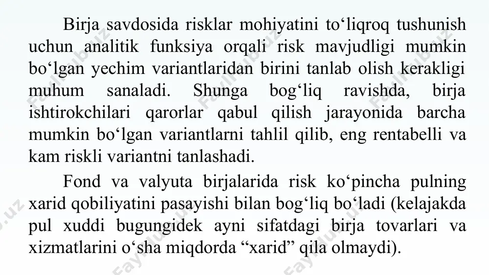 ligatsiyalarni yanada jozibador qiladi va boshqa o‘xshash obligatsiyalar bilan solishtirganda, ularning narxi yuqori (daromadliligi mos ravishda kam) bo‘ladi. shunga o‘xshash fiksirlangan daromadli qimmatli qog‘ozlar o‘rtasidagi narx farqini yuzaga keltirib chiqaradigan boshqa ko‘plab omillar ham mavjud. obligatsiyalar qiymat va daromadliligiga ta’sir qiladigan quyidagi ikki imkoniyatni ko‘rib chiqamiz: muddatidan avval qayta sotib olish imkoniyati bu xususiyat emitentga o‘z obligatsiyalarini uni qaytarishning oxirgi muddati tugashidan oldin sotib olish huquqini beradi. bunday obligatsiya qayta sotib olish huquqiga ega obligatsiya deyiladi. konvertatsiyalanuvchanlik bu xususiyat obligatsiya egasiga uni mazkur obligatsiyalarni chiqargan kompaniyaning oldindan belgilangan aksiyalar miqdoriga ayirboshlash huquqini beradi. bunday o‘ziga xos xususiyatga ega bo‘lgan obligatsiya konvertatsiyalanuvchan obligatsiya deb ataladi. ta’bir joiz bo‘lsa, obligatsiyani emitent uchun yanada jozibador qiluvchi har qanday xususiyat uning narxi pasayishiga olib keladi, mos ravishda, investor nazdida obligatsiyalar qiymatini oshiruvchi xususiyatlar narx oshishiga olib keladi. jumladan: muddatidan avval qayta sotib olishni amalga oshirish imkoniyati bunday obligatsiyalar narxi pasayishiga (va qaytarishda uning daromadliligi …