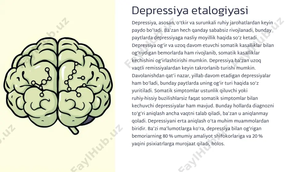 resciv epizod, rekurrent (takrorlanuvchi) depresciya, bipolyar buzilishlar (depressiya va maniakal holatlarning almashinib turishi), siklotimiya va distimiyani o'zida mujassam etgan kayfiyatning surunkali buzilishlari. affektiv buzilishlar klinikasidadepressiv epizodlar (kattadepressiya, unipolyar yoki monopolyar depressiya, avtonom depressiya) alohida o‘rin kasb etadi. shuningdek, ushbu tasnifda nopsixotik shaklga ega affektiv buzilishlar ichida “stress bilan bog‘liq nevrotik va somatik buzilishlar” hamda “aralash xavotirli va depressiv buzilishlar” farq qilinadi. agar xavotir va depressiya belgilari birgalikda namoyon bo‘lsayu, biroq vegetativ buzilishlar ustunlik qilsa, unda depressiyaning yengil turi haqida so‘z ketadi. bunday holatni mutaxassislar “xavotirli depressiya” deb atashadi. agar vegetativ buzilishlar "va depressiya belgilari bir xil tarzda namoyon bo‘lsa, “aralashgan xavotirlidepressiv buzilishlar” tashxisi qo‘yiladi. bularning ichida depresciv epizod, odatda, to ‘la tuzalish bilan yakunlanadi, biroq, ba’zi bemorlarda vegetativ belgilar uzoq davom etadi. tuzalgan bemorlarning 30 foizida depressiya qaytalanishi mumkin. bunday paytlarda rekurrent (takrorlanuvchi) depressiv buzilishlar haqida so‘z ketadi. depressiya diagnostikasida uning kechishini to‘g‘ri baholash o‘ta muhimdir. masalan, tibbiy amaliyotda ko‘p …
