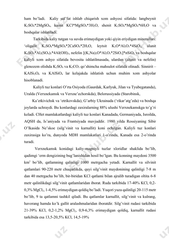 3500 km2 bo’lib, qatlamning qalinligi 1000 metrgacha yetadi. karnallit va silvinit qatlamlari 90-220 metr chuqurlikda, quyi silg’vinit maydonining qalinligi 7-8 m dan 40 metrgacha bo’lib, bir-biridan kcl qatlami bilan ajralib turadigan oltita 6-8 metr qalinlikdagi silg’vinit qatlamlaridan iborat. ruda tarkibida 17-40% kcl, 0,2-0,3% mgcl2, 1-4,5% erimaydigan qoldiq bo’ladi. yuqori yuza qalinligi 20-115 metr bo’lib, 9 ta qatlamni tashkil qiladi. bu qatlamlar karnallit, silg’vinit va kulrang, havorang hamda ko’k gallit aralashmalaridan iboratdir. silg’vinit rudasi tarkibida 21-39% kcl, 0,2-1,2% mgcl2, 0,9-6,3% erimaydigan qoldiq, karnallit rudasi tarkibida esa 13,5-20,5% kcl, 14,5-19% mgcl2, 1,4-4,5% erimaydigan qoldiq bo’ladi. kar’atg’e konidagi kaliy tuzlari sul’fat-xloridlar shaklida bo’lib, xloridli qatlamlar silg’vinit (8-19% k2o) va boshqa rudalardan iborat. sul’fat-xloridli qatlamlarning 35-36% qismi kainitdan (10-12% k2o), 20-40% qismi gallitdan, 3-7% qismi ‘oligalitdan va 6-15% qismi tu’roq materiallaridan iborat. kainit-langbeynit qatlamlarining 20-30% ini kainit, 10-20% ini langbeynit, 30-40% ini galit, 5-10% ini kazerit mgso4*h2o va ~20% ini tu’roq materiallari tashkil etadi. …