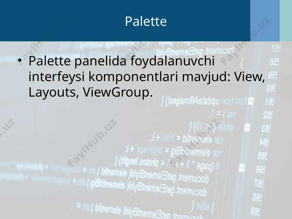 es);listview.setadapter(adapter); listview komponenti to'ldirish uchun ma'lumotlarni talab qiladi. to'ldirish manbai massivlar, ma'lumotlar bazalari bo'lishi mumkin. ma'lumotni ro'yxatga ulash uchun adapter deb ataladi. standart ro'yxat uchun adapter odatda yangi arrayadapter(context context, int textviewresourceid, string[] objects) dizayni yordamida yaratiladi. context-joriy kontekst textviewresourceid-har bir satr uchun belgilar bilan resurs identifikatori. tizim belgilarini android identifikatori bilan ishlatish mumkin. r.layout.simple_list_item_1 yoki o'z belgilarini yaratish ob'ektlar-qatorlar setadapter usuli(listadapter) tayyorlangan ro'yxatni adapter bilan bog'laydi. gridlayout android 4.0-da gridlayout (asboblar panelidagi layouts bo'limi) nomi ostida yangi tartib paydo bo'ldi. bir qarashda tablelayout kabi ko'rinishi mumkin. lekin, aslida, bu juda ham qulay va funktsionaldir. va yangi platforma uchun ishlab chiqilgan yangi loyihalarda o'rganish va undan foydalanish tavsiya etiladi. android kutubxonasiga android klassi qo'shildi. support.v7.widget.gridlayout, bu komponentni eski qurilmalar uchun ishlatishga imkon beradi. belgilar android sinfiga tegishli.widget.gridlayout va tablelayout kabi ustunlar, qatorlar, hujayralar mavjud, ammo elementlar moslashuvchan tarzda sozlanishi mumkin. ustunlar va qatorlar soni android atributlari tomonidan ishlatiladi: columncount="number" va …