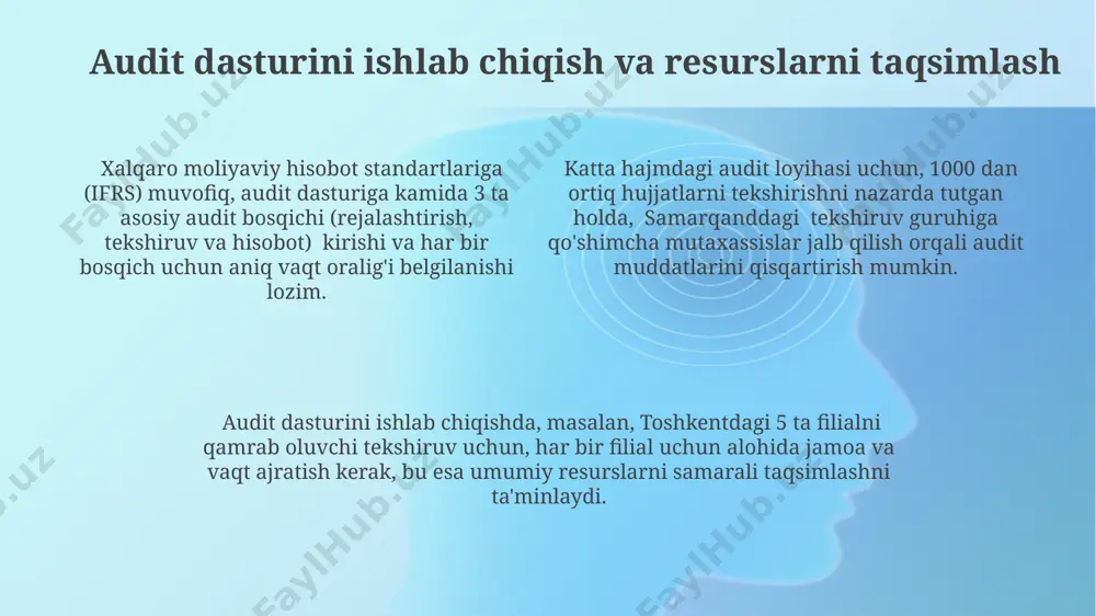 amrab olishi lozim. axborot texnologiyalari auditini rejalashtirishda, toshkentdagi 5 ta yirik bankning ma'lumotlar bazasi xavfsizlik darajasini baholash uchun 20 dan ortiq testlar o'tkazish kerak. audit natijalarini hujjatlashtirish va taqdim etish аудит натижаларини ҳужжатлаштиришда камида 3 та алоҳида ҳисобот шакли (масалан, жадвал, диаграмма, матн) ишлатилиши ва тошкент шаҳридаги стандартларга мувофиқ расмийлаштирилиши талаб этилади. аудит ҳисоботида камида 10 та асосий топшириқнинг бажарилиши юзасидан ҳолат ва таклифлар, шунингдек, 2024 йил 1-кварталига мўлжалланган чора-тадбирлар режаси акс эттирилиши шарт. аудит жараёнида аниқланган 5 тадан ортиқ камчилик ҳар бири учун алоҳида фото ва видео далиллар билан бирга хулосалар илова қилиниши зарур бўлиб, бу самарқанд вилоятидаги стандартларга мос келиши керак. audit protseduralarini rejalashtirish va hujjatlashtirish auditoriya rejasini ishlab chiqishda, kamida 3 ta asosiy xavfni aniqlash va ularga 5% dan yuqori ehtimollik bilan baholash, masalan, toshkentdagi “a” kompaniyasi uchun moliyaviy hisobotlardagi noto'g'riliklarni aniqlash kerak. tekshiruv protseduralarini hujjatlashtirishda, 10-ilova №1-formasi bo'yicha barcha hujjatlarni aniq raqamlash va ularni xronologik tartibda …