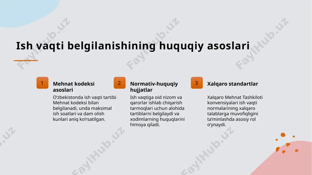 yordam beradi. ish vaqti boshqaruvining xodim farovonligiga ta’siri stressni kamaytirish hayot va ish muvozanati motivatsiyani oshirish ish vaqti to‘g‘ri boshqarilganda, xodimlarda ruhiy bosim va stress darajasi kamayadi, bu esa ish unumdorligini oshiradi. moslashuvchan ish vaqti xodimga oilaviy va shaxsiy hayotini ish bilan uyg‘unlashtirish imkonini beradi, farovonlikni ta’minlaydi. adolatli va samarali vaqt rejalashtiruvi xodim motivatsiyasini kuchaytiradi, o‘zini qadrlangan va rag‘batlantirilgan his qilishiga olib keladi. milliy mehnat qonunchiligi va ish vaqti boshqaruvi: o‘zbekistondagi yondashuv mehnat kodeksi asoslari o‘zbekistonda ish vaqti tartibi va turlari mehnat kodeksida aniq belgilangan bo‘lib, xodimlar huquqlari qonun bilan himoyalangan. ish vaqti cheklovlari ish vaqti haftasiga 40 soatdan oshmasligi, ortiqcha ishlash faqat qonuniy asosda va qo‘shimcha haq to‘lanishi bilan ruxsat etiladi. xodim manfaatlari mehnat qonunchiligi xodimlarning dam olish, sog‘liq va farovonligini ta’minlash uchun ish vaqti boshqaruviga alohida e’tibor beradi. mahalliy yondashuvlar o‘zbekiston korxonalarida ish vaqti boshqaruvi milliy qadriyatlar va zamonaviy talablarni uyg‘unlashtirib amalga oshiriladi. o‘zbek ish madaniyatida vaqt tushunchasi …
